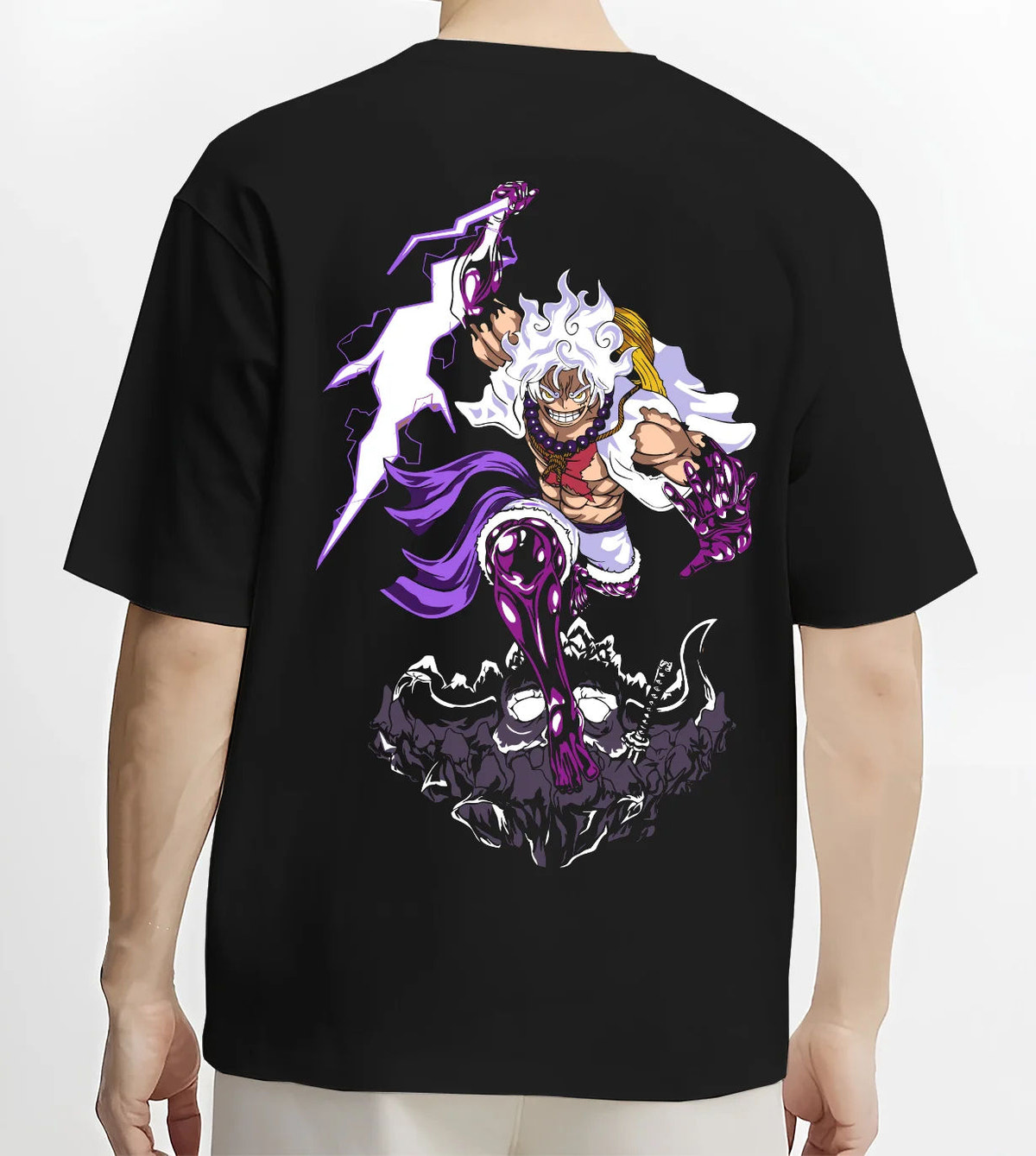 Black T-shirt model back view showing Monkey D. Luffy from One Piece: Gear 5 purple lightning