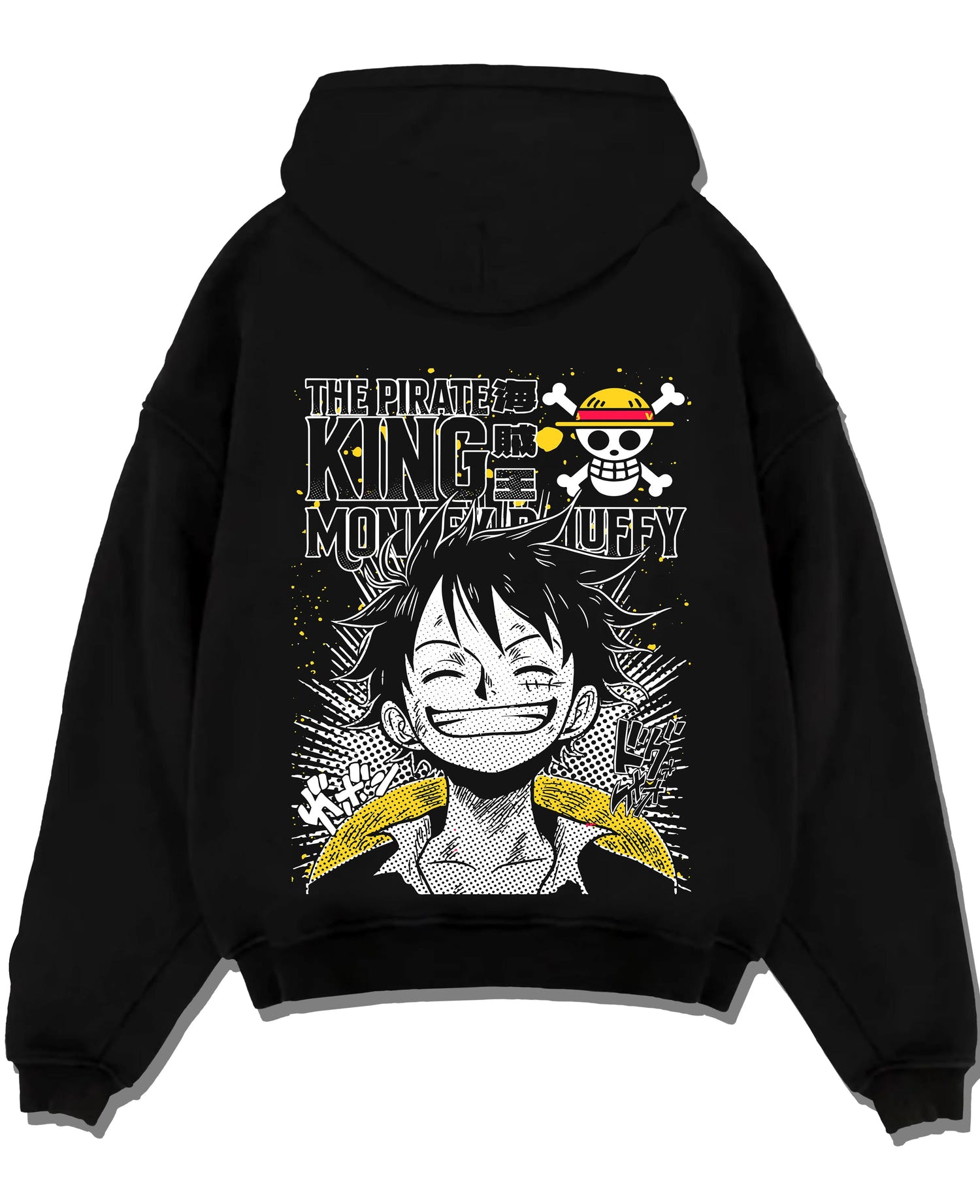 Black pullover hoodie laid flat with One Piece Bartholomew Kuma Pacifista Hoodie graphic bold anime graphic.