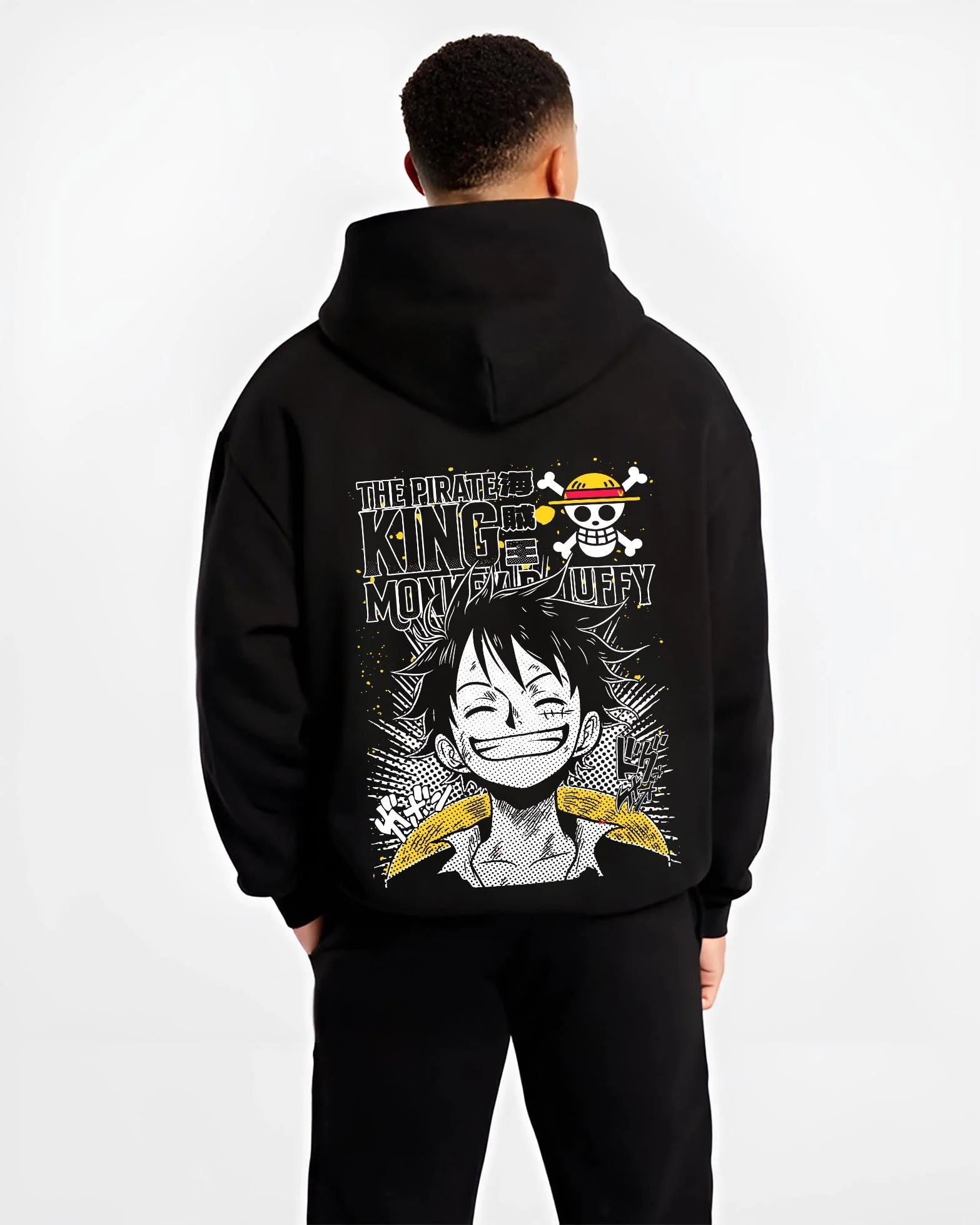 Black hoodie worn by male model, back view with One Piece Bartholomew Kuma Pacifista Hoodie graphic bold anime graphic.