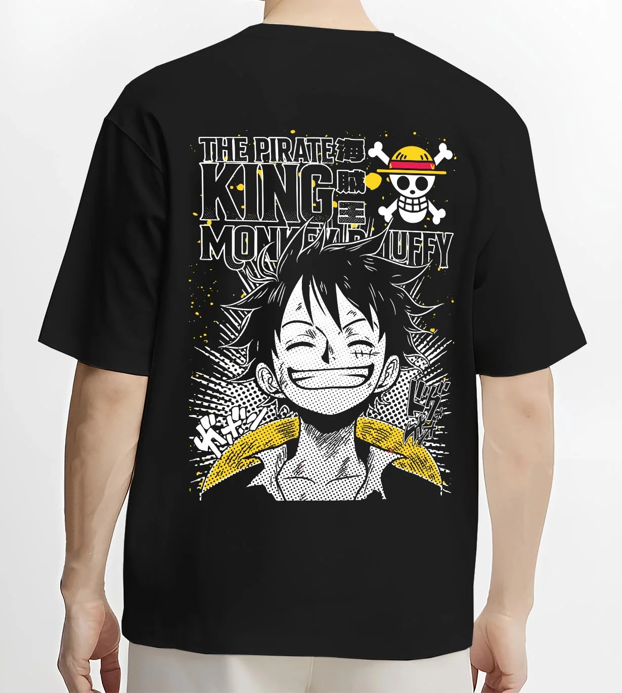 Black T-shirt worn by male model, back view with One Piece Bartholomew Kuma Pacifista Hoodie graphic premium wear.