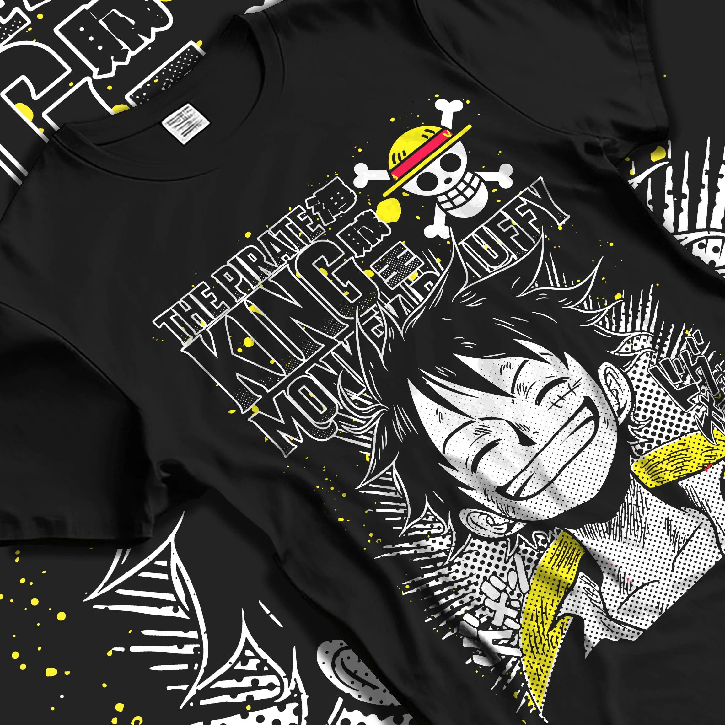 Black T-shirt laid flat with natural folds with One Piece Bartholomew Kuma Pacifista Hoodie graphic streetwear graphic.