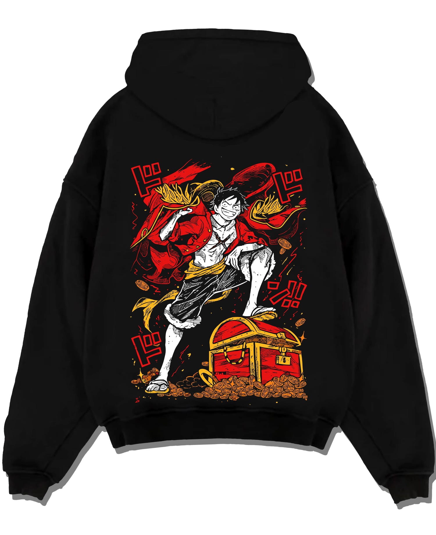 Black pullover hoodie laid flat with Monkey D. Luffy Hoodie One Piece Pirate King graphic premium wear.