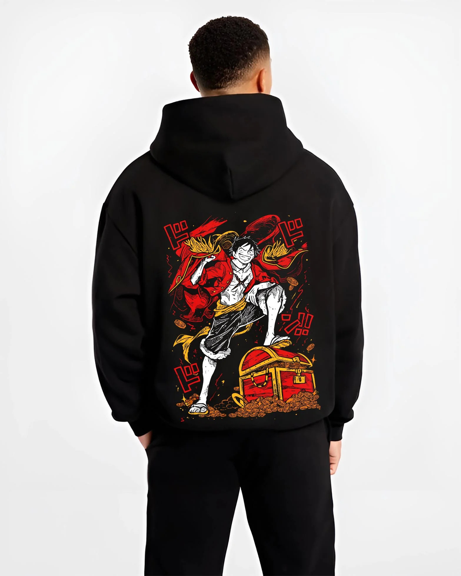 Black hoodie worn by male model, back view with Monkey D. Luffy Hoodie One Piece Pirate King graphic bold anime graphic.