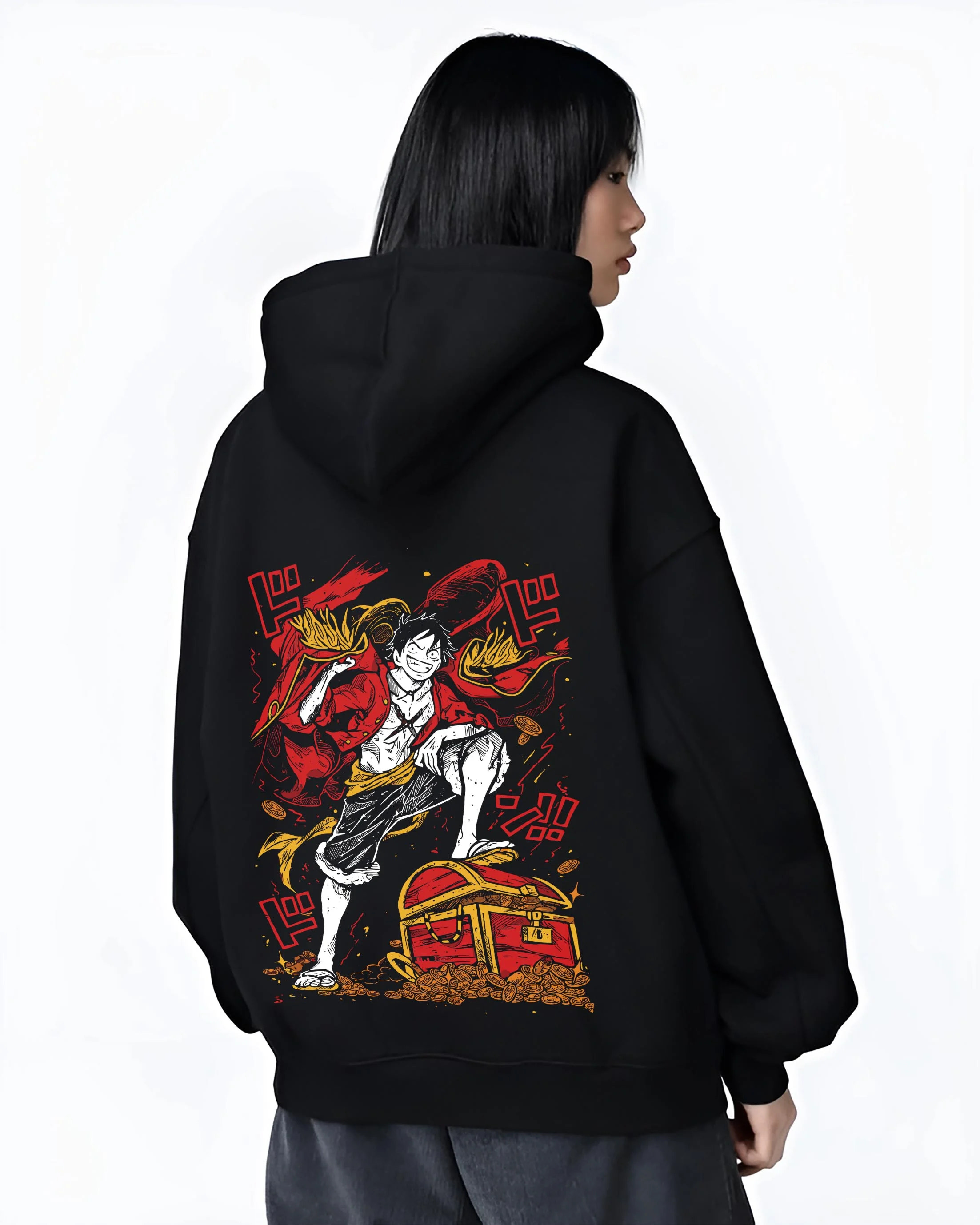Black hoodie worn by female model, back view with Monkey D. Luffy Hoodie One Piece Pirate King graphic streetwear graphic.