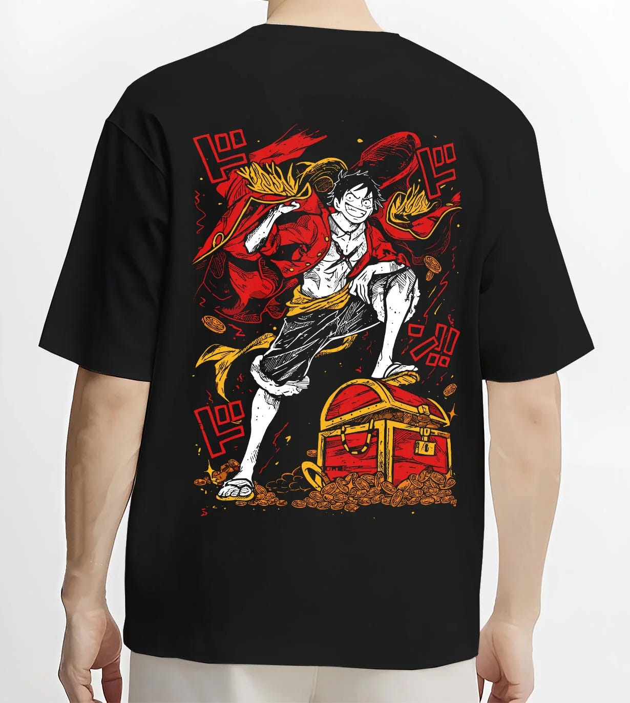Black T-shirt worn by male model, back view with Monkey D. Luffy Hoodie One Piece Pirate King graphic streetwear graphic.