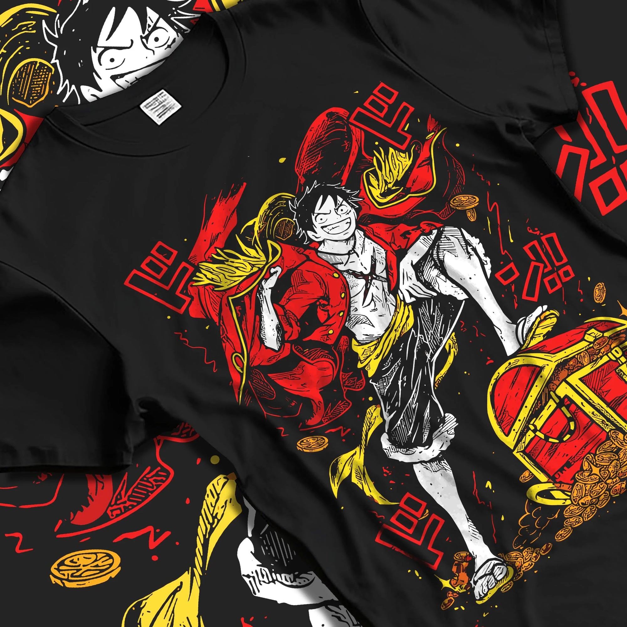 Black T-shirt laid flat with natural folds with Monkey D. Luffy Hoodie One Piece Pirate King graphic streetwear graphic.