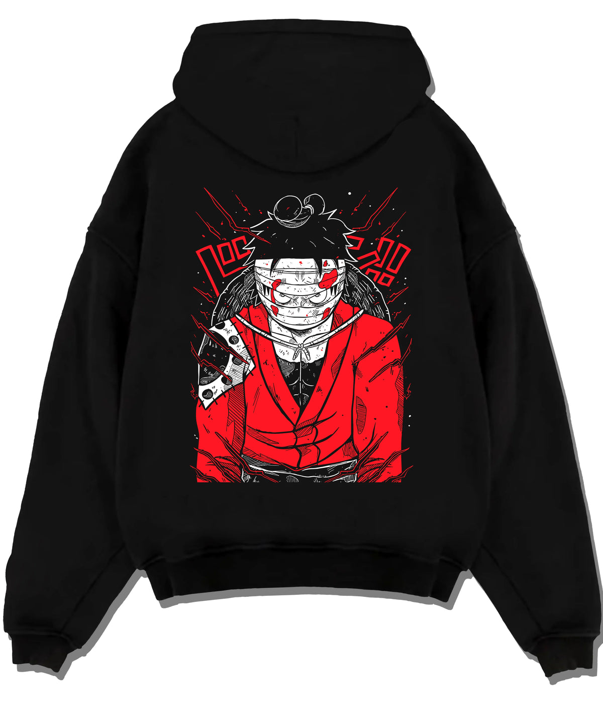 Black hoodie flat back view showing Monkey D. Luffy from One Piece: Straw Hat pirate red-black design
