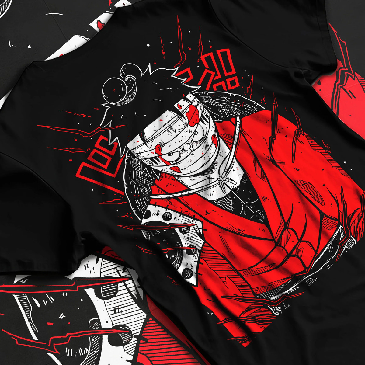 Black T-shirt flat back view showing Monkey D. Luffy from One Piece: Straw Hat pirate red-black design