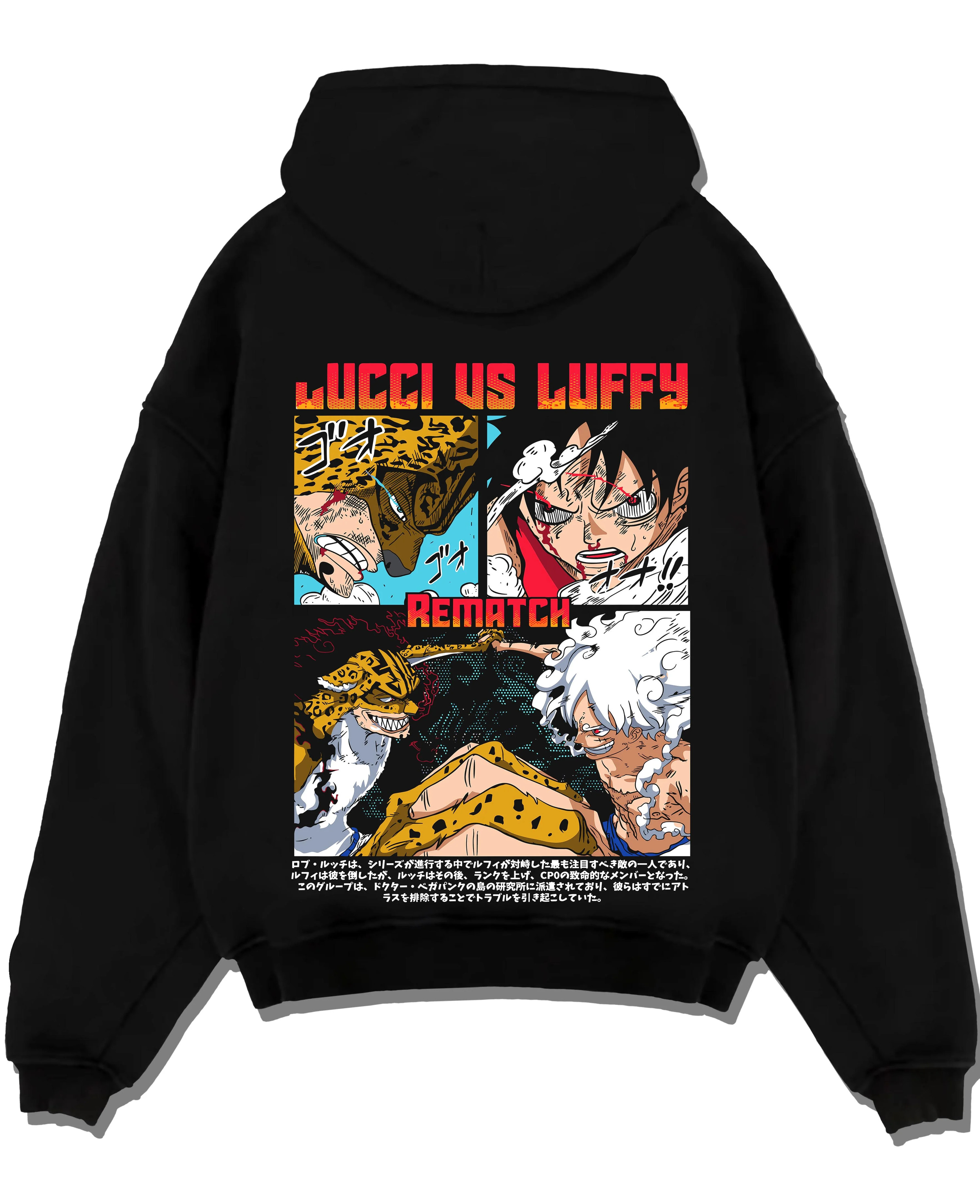 Black pullover hoodie laid flat with Luffy vs Lucci Hoodie One Piece Rematch Epic graphic streetwear graphic.
