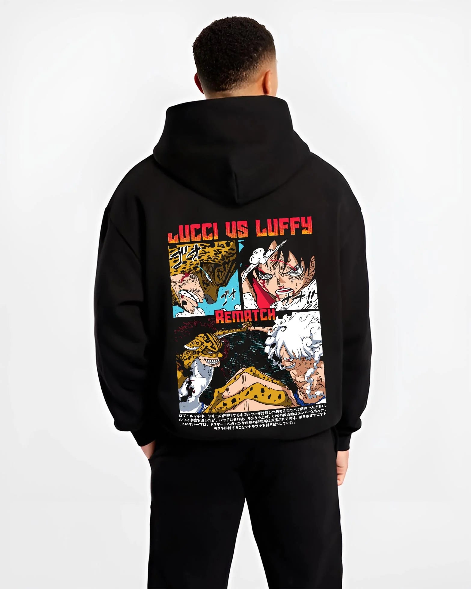 Black hoodie worn by male model, back view with Luffy vs Lucci Hoodie One Piece Rematch Epic graphic streetwear graphic.
