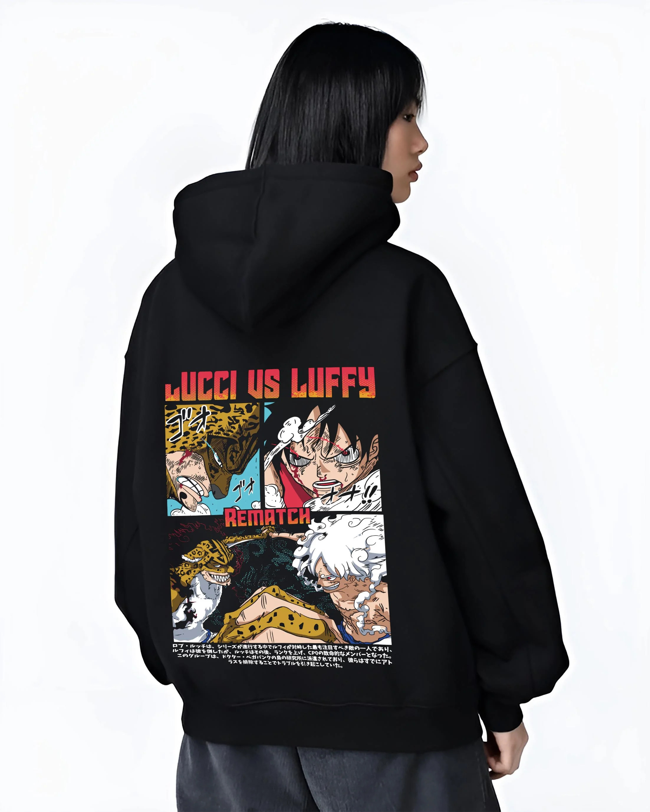 Black hoodie worn by female model, back view with Luffy vs Lucci Hoodie One Piece Rematch Epic graphic streetwear graphic.