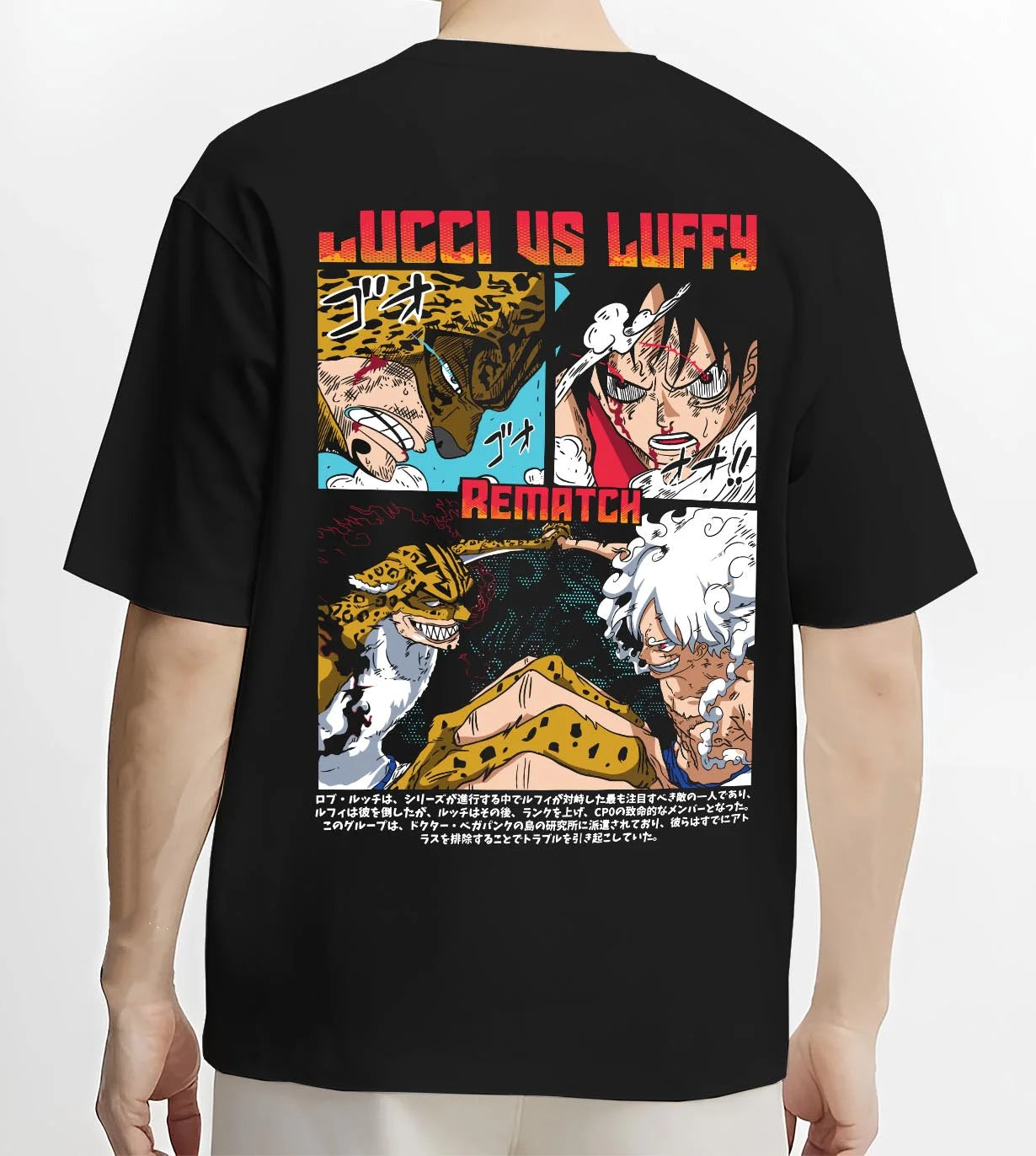 Black T-shirt worn by male model, back view with Luffy vs Lucci Hoodie One Piece Rematch Epic graphic bold anime graphic.