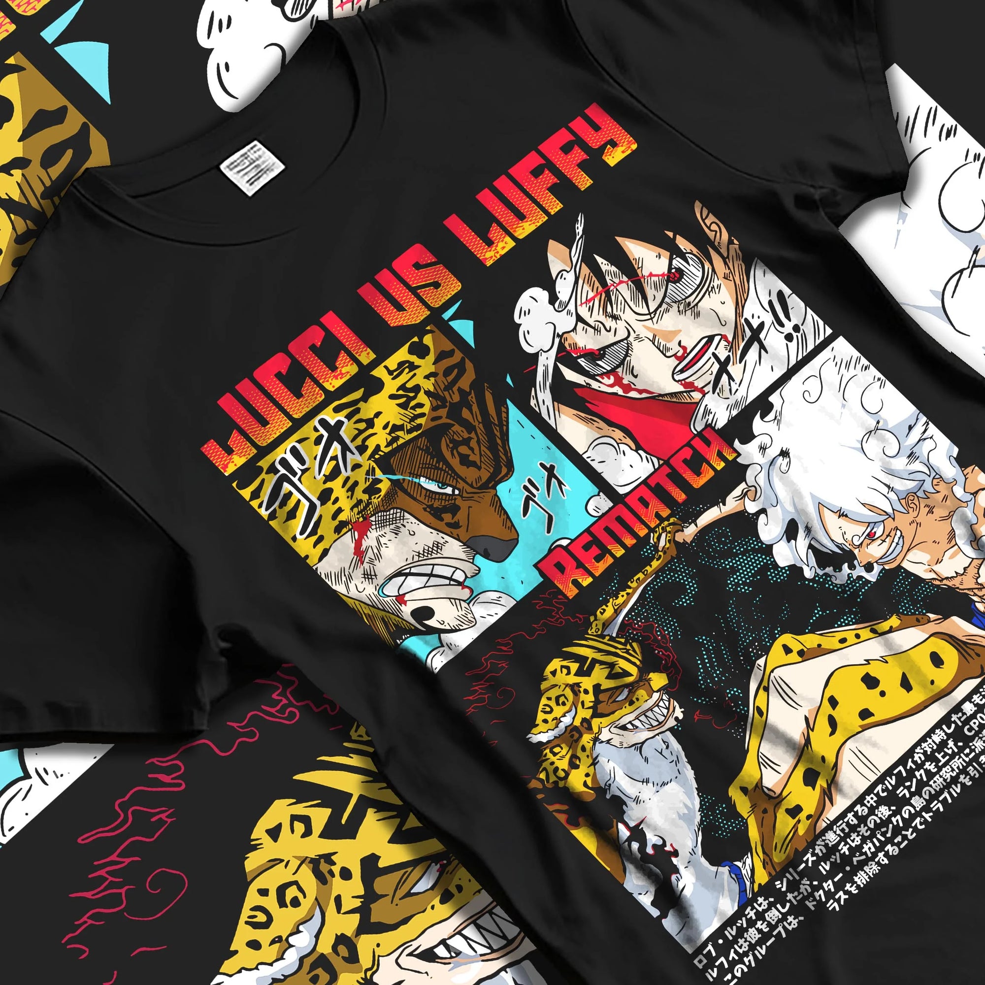Black T-shirt laid flat with natural folds with Luffy vs Lucci Hoodie One Piece Rematch Epic graphic premium wear.