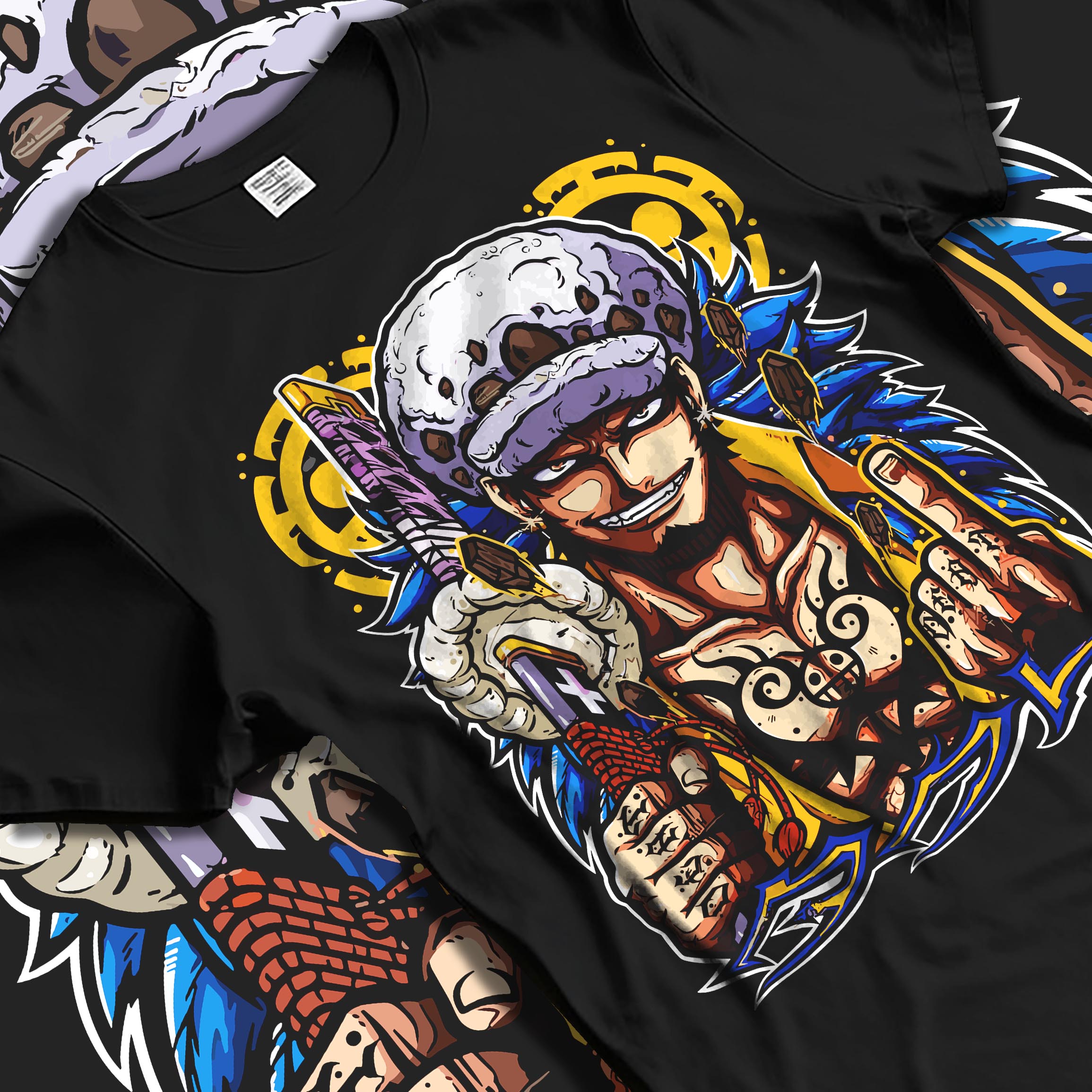 Black T-shirt laid flat with natural fabric folds, featuring Trafalgar Law anime poster design with sword and bold outline accents.