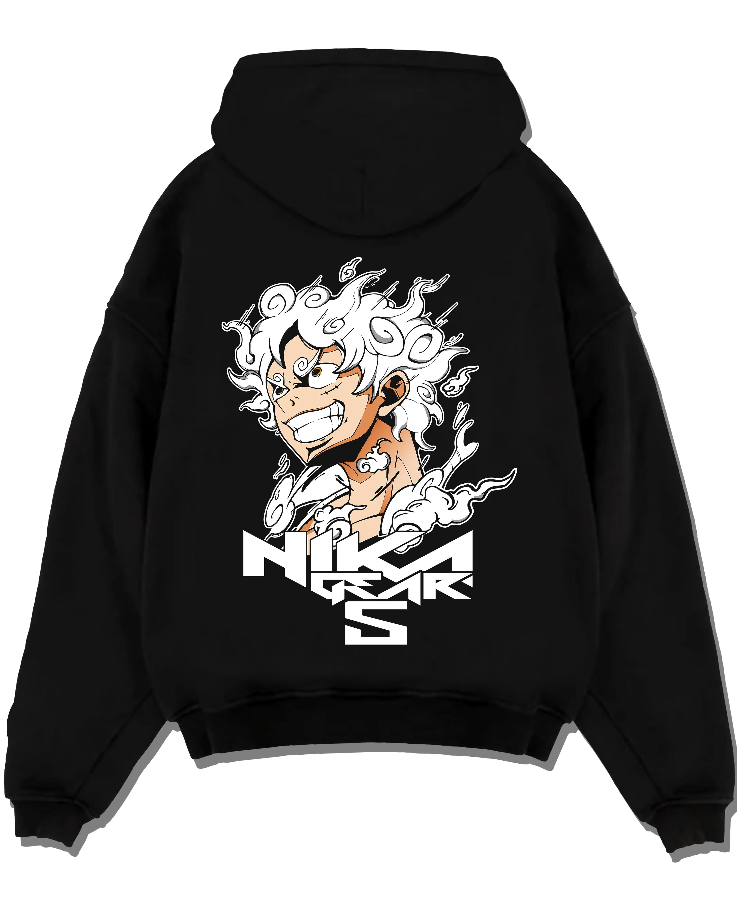 Black pullover hoodie laid flat on a white background, featuring One Piece Luffy Gear 5 anime poster inspired artwork.