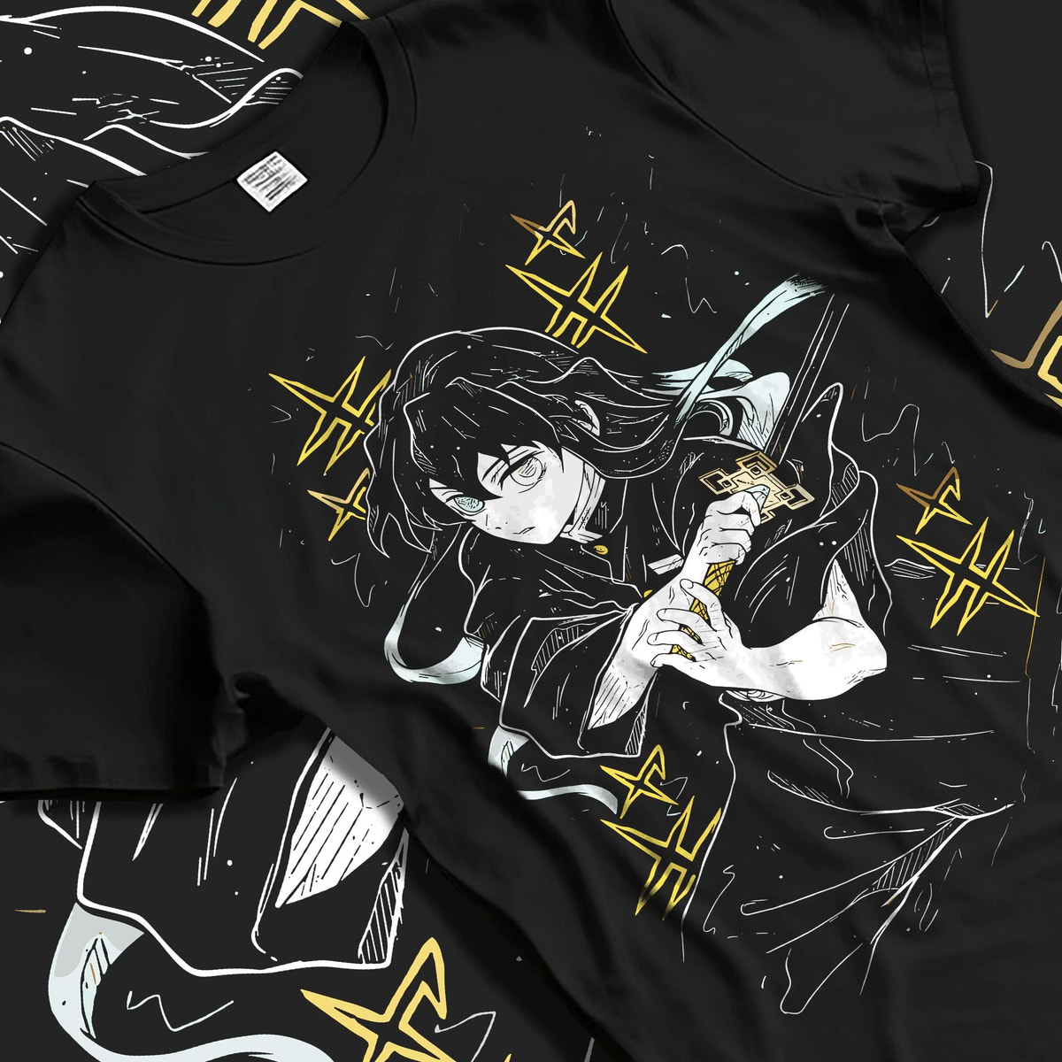Black T-shirt laid flat with natural folds featuring Muichiro Tokito Mist Breathing Seventh Form artwork.