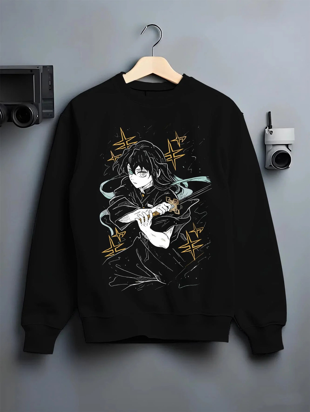 Black crewneck sweatshirt on hanger featuring Muichiro Tokito Mist Breathing Seventh Form artwork.