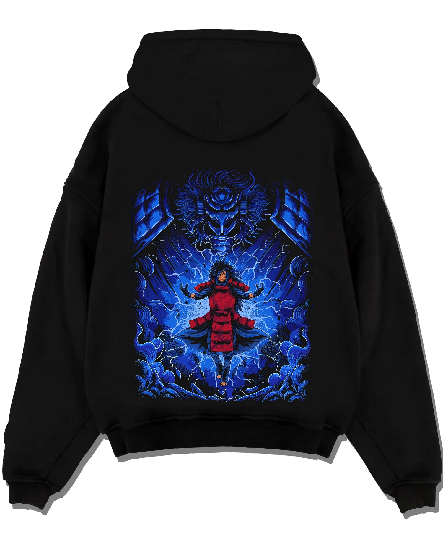 Black pullover hoodie laid flat with Madara Uchiha Hoodie Naruto Legendary Power graphic streetwear graphic.