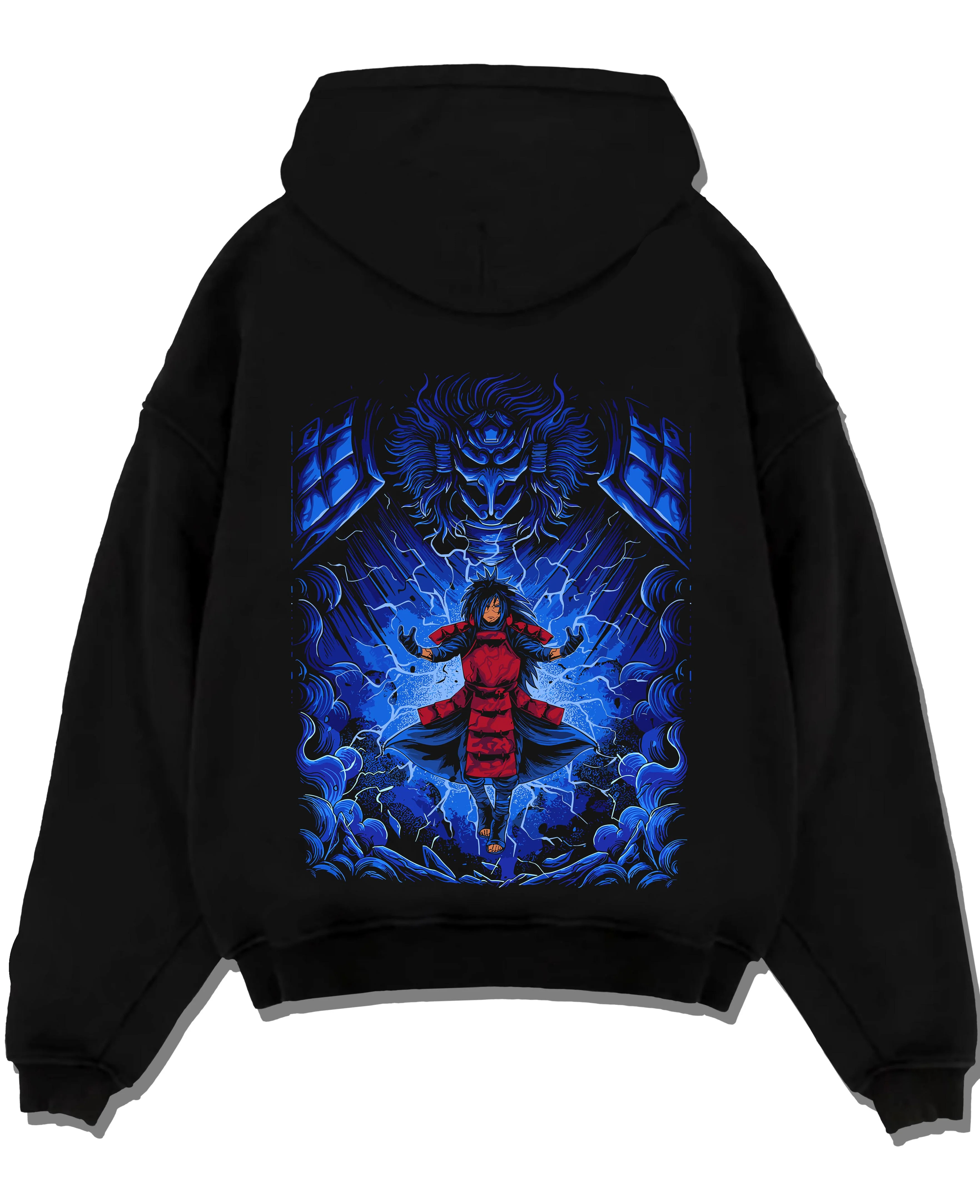 Black pullover hoodie laid flat with Madara Uchiha Hoodie Naruto Legendary Power graphic streetwear graphic.