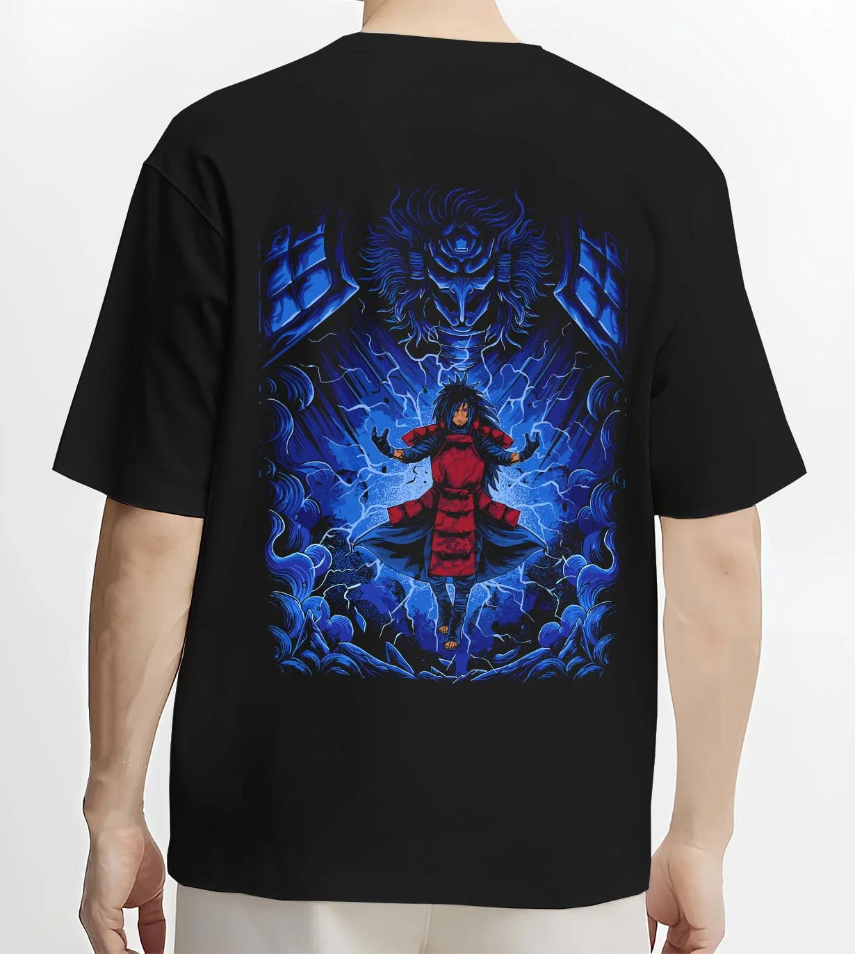Black T-shirt worn by male model, back view with Madara Uchiha Hoodie Naruto Legendary Power graphic premium wear.