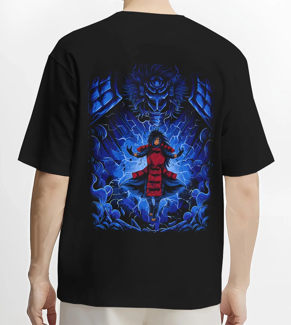 Black T-shirt worn by male model, back view with Madara Uchiha Hoodie Naruto Legendary Power graphic premium wear.