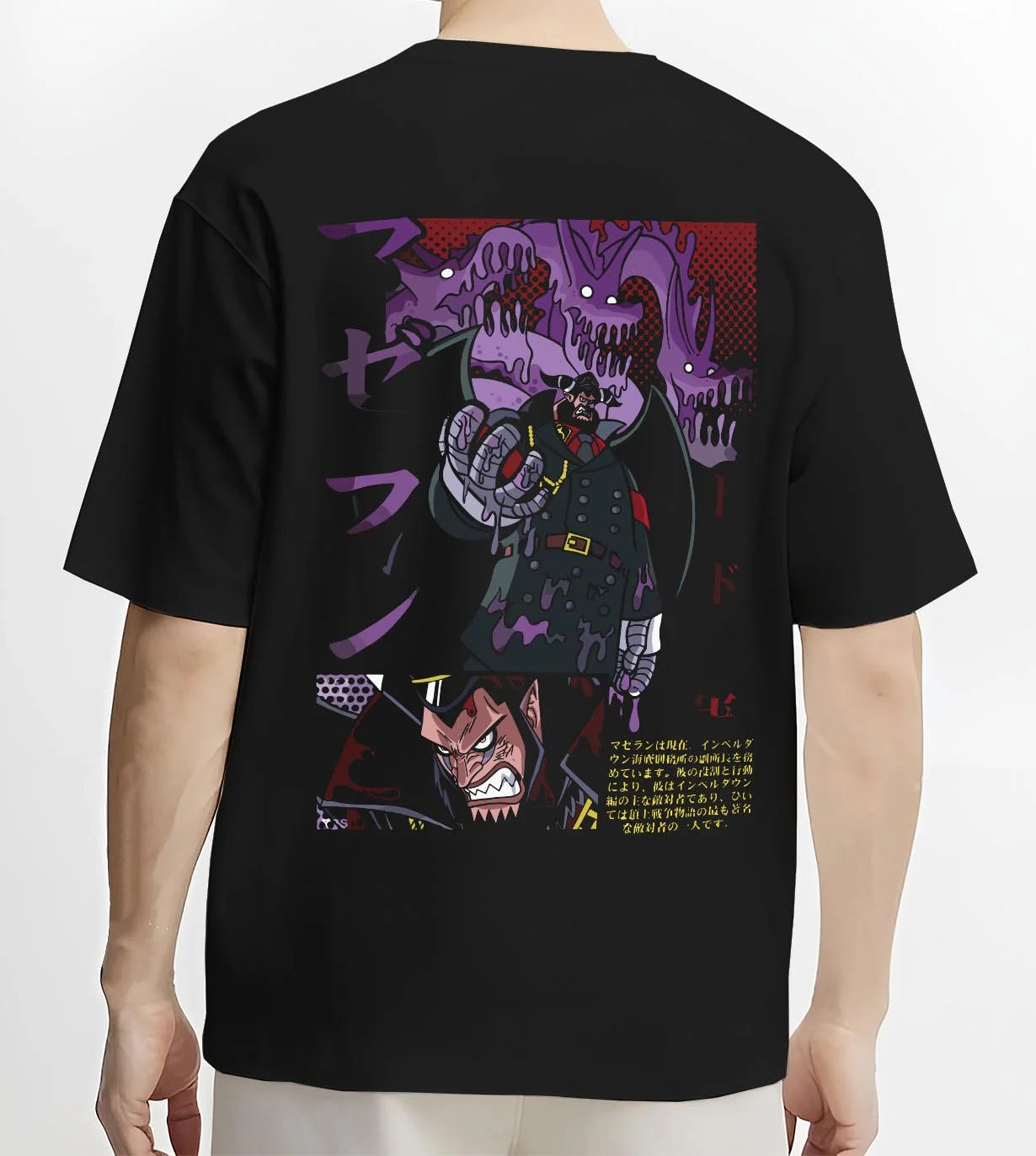 Black T-shirt worn by male model, back view with Magellan Venom Hoodie One Piece Impel Down graphic streetwear graphic.