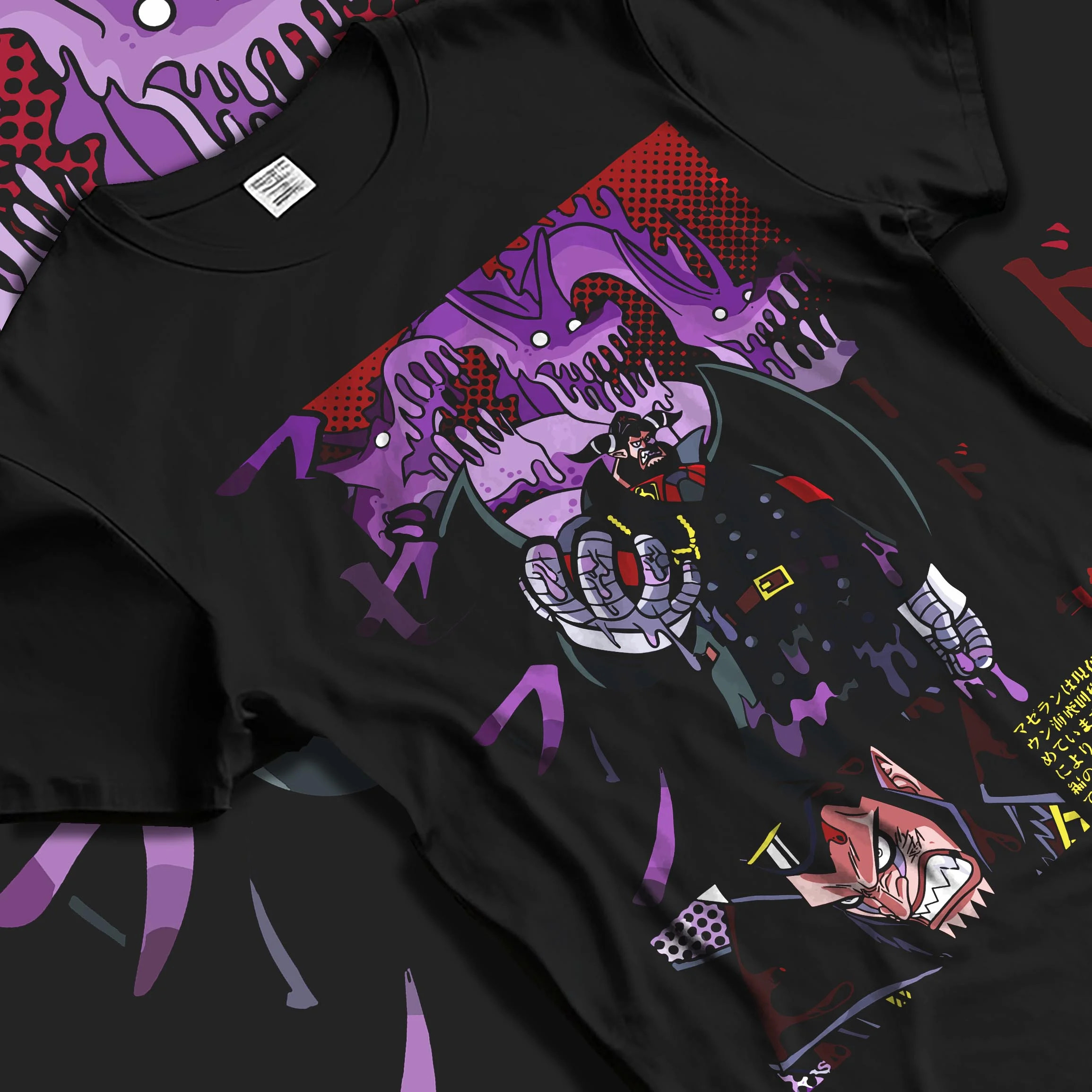 Black T-shirt laid flat with natural folds with Magellan Venom Hoodie One Piece Impel Down graphic streetwear graphic.