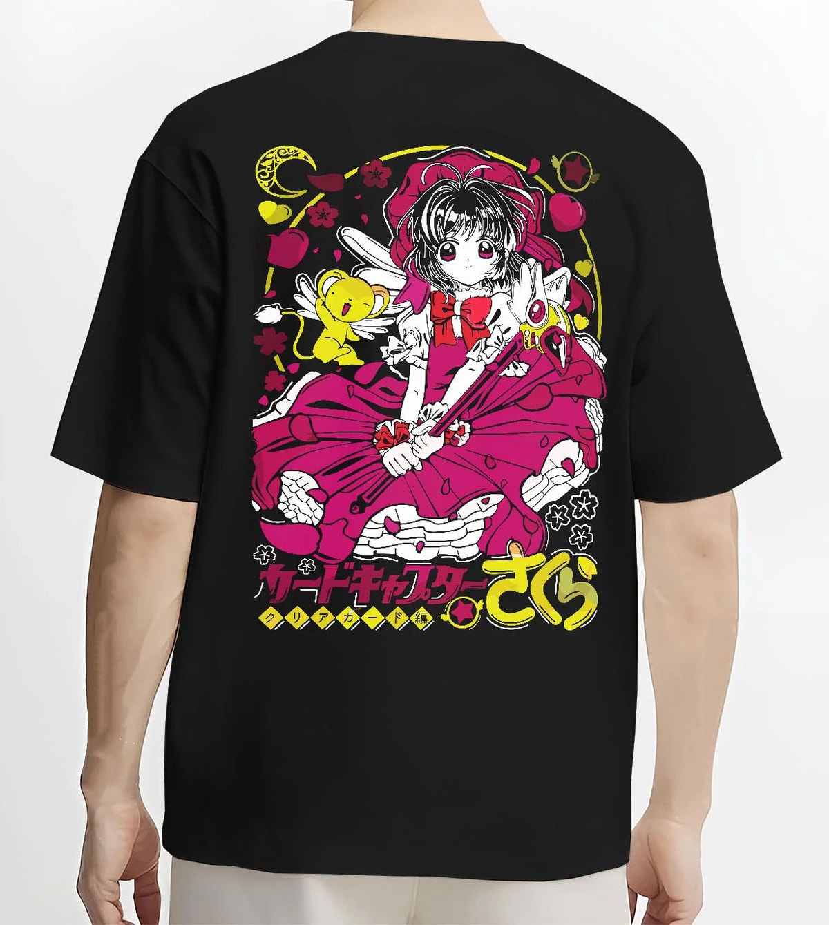 Black T-shirt worn by male model from the back featuring Sakura Kinomoto with her magic wand artwork.