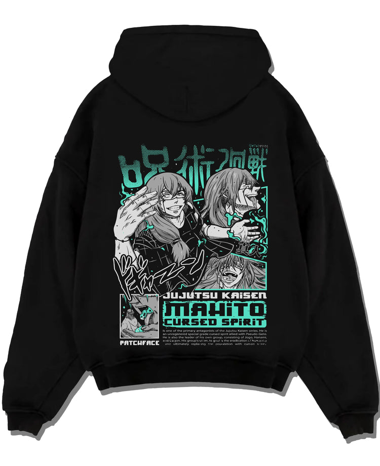 Black pullover hoodie laid flat with Mahito Cursed Spirit Hoodie Jujutsu Kaisen graphic Mahito themed artwork.
