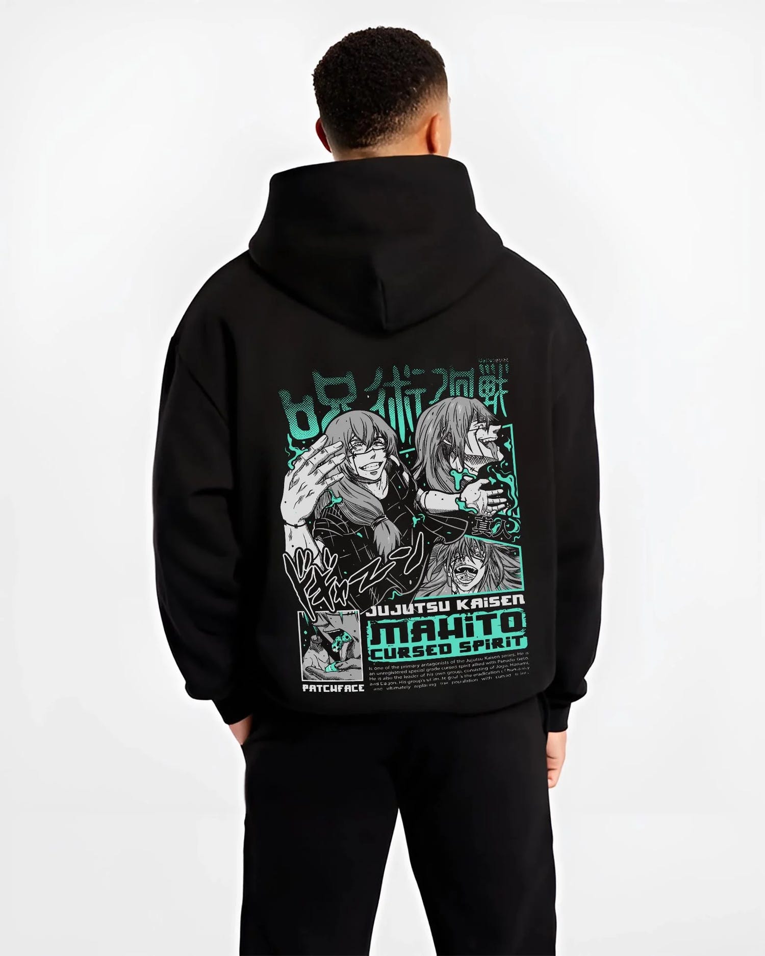 Black hoodie worn by male model, back view with Mahito Cursed Spirit Hoodie Jujutsu Kaisen graphic Mahito anime design.
