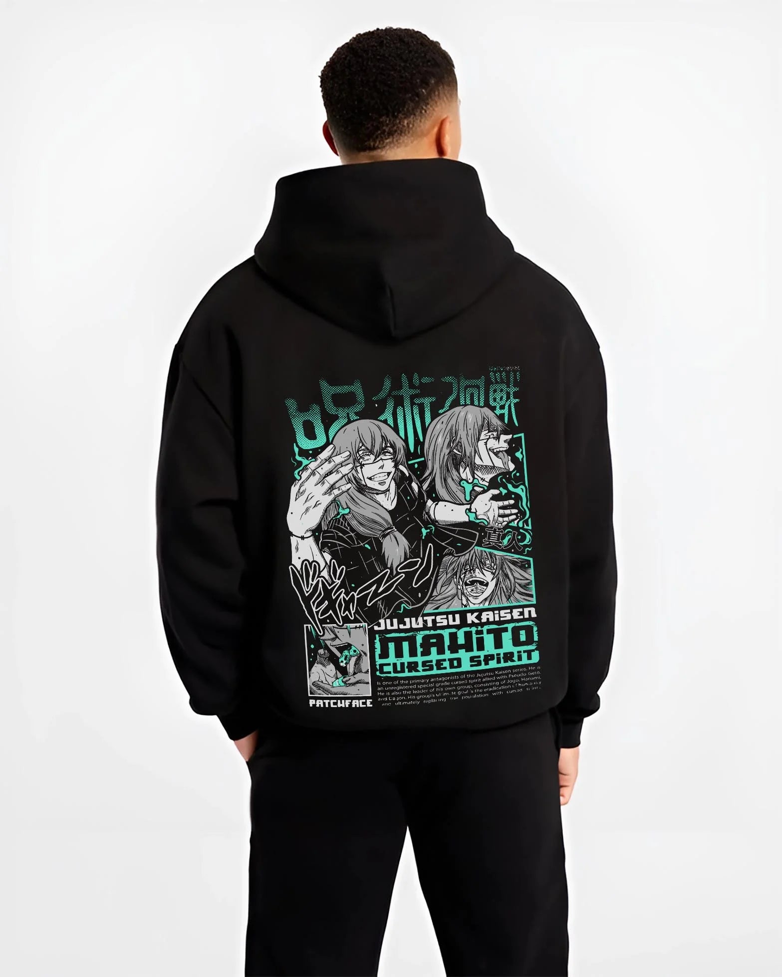 Black hoodie worn by male model, back view with Mahito Cursed Spirit Hoodie Jujutsu Kaisen graphic Mahito anime design.