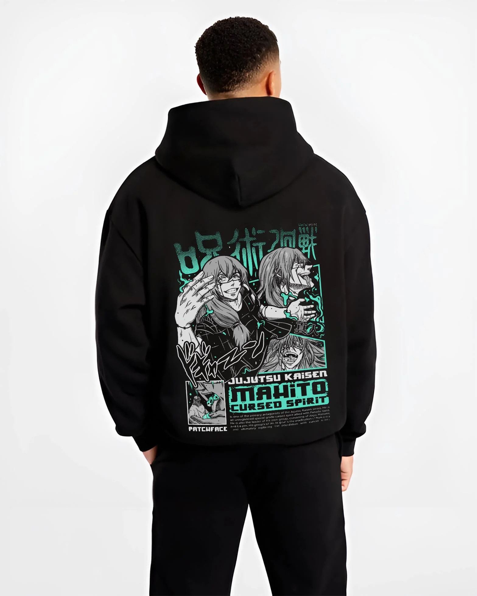 Black hoodie worn by male model, back view with Mahito Cursed Spirit Hoodie Jujutsu Kaisen graphic Mahito anime design.