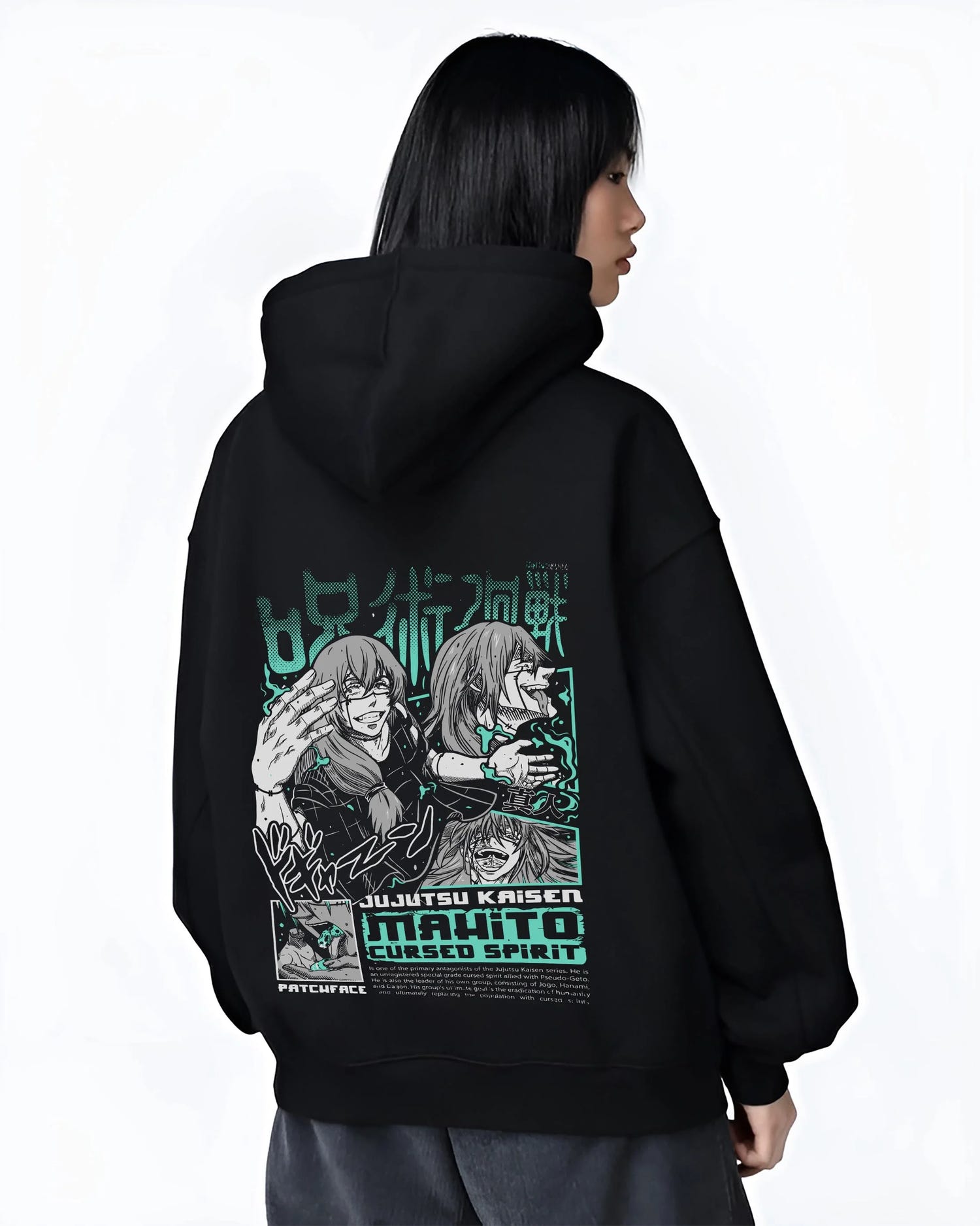 Black hoodie worn by female model, back view with Mahito Cursed Spirit Hoodie Jujutsu Kaisen graphic bold anime graphic.