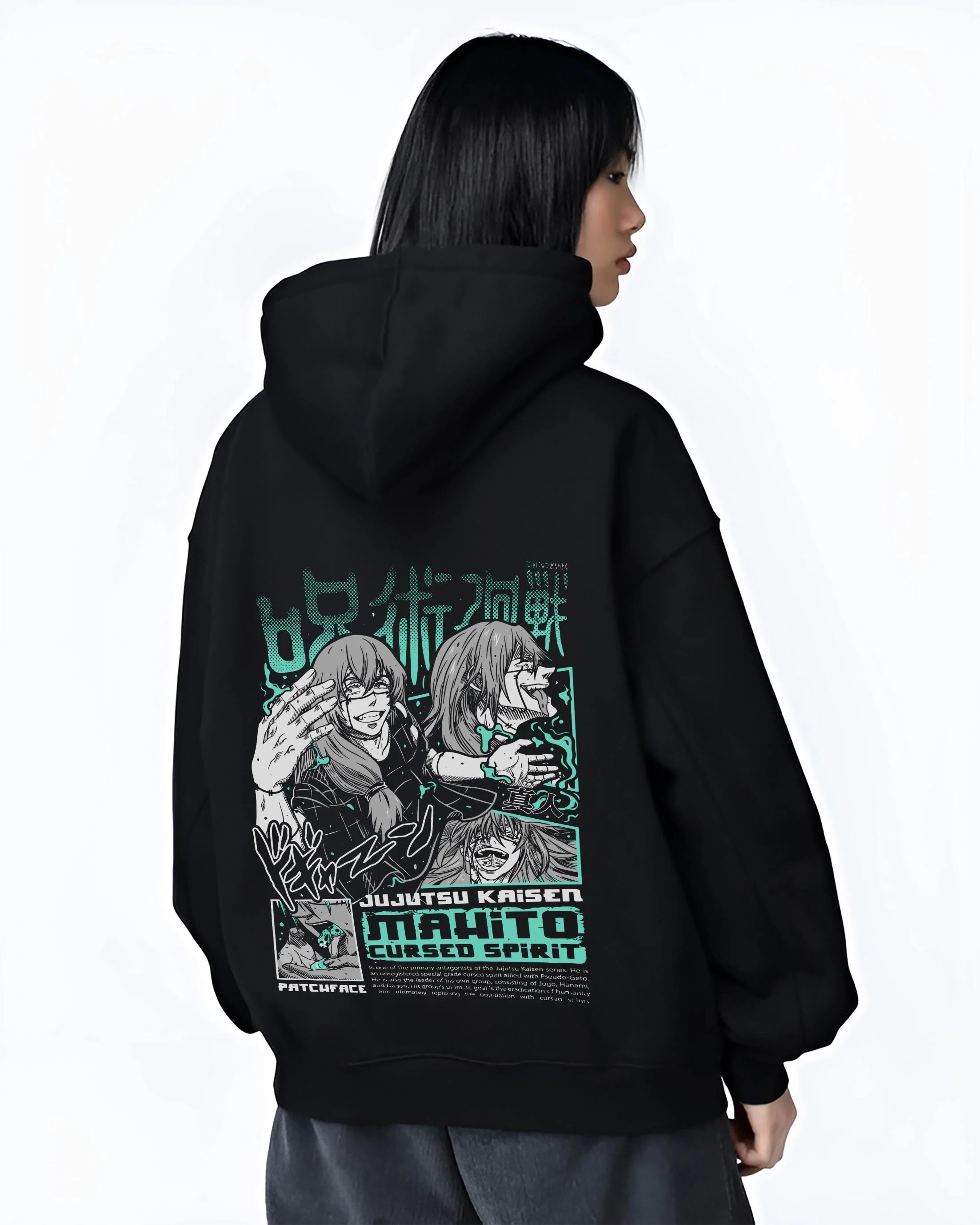 Black hoodie worn by female model, back view with Mahito Cursed Spirit Hoodie Jujutsu Kaisen graphic bold anime graphic.