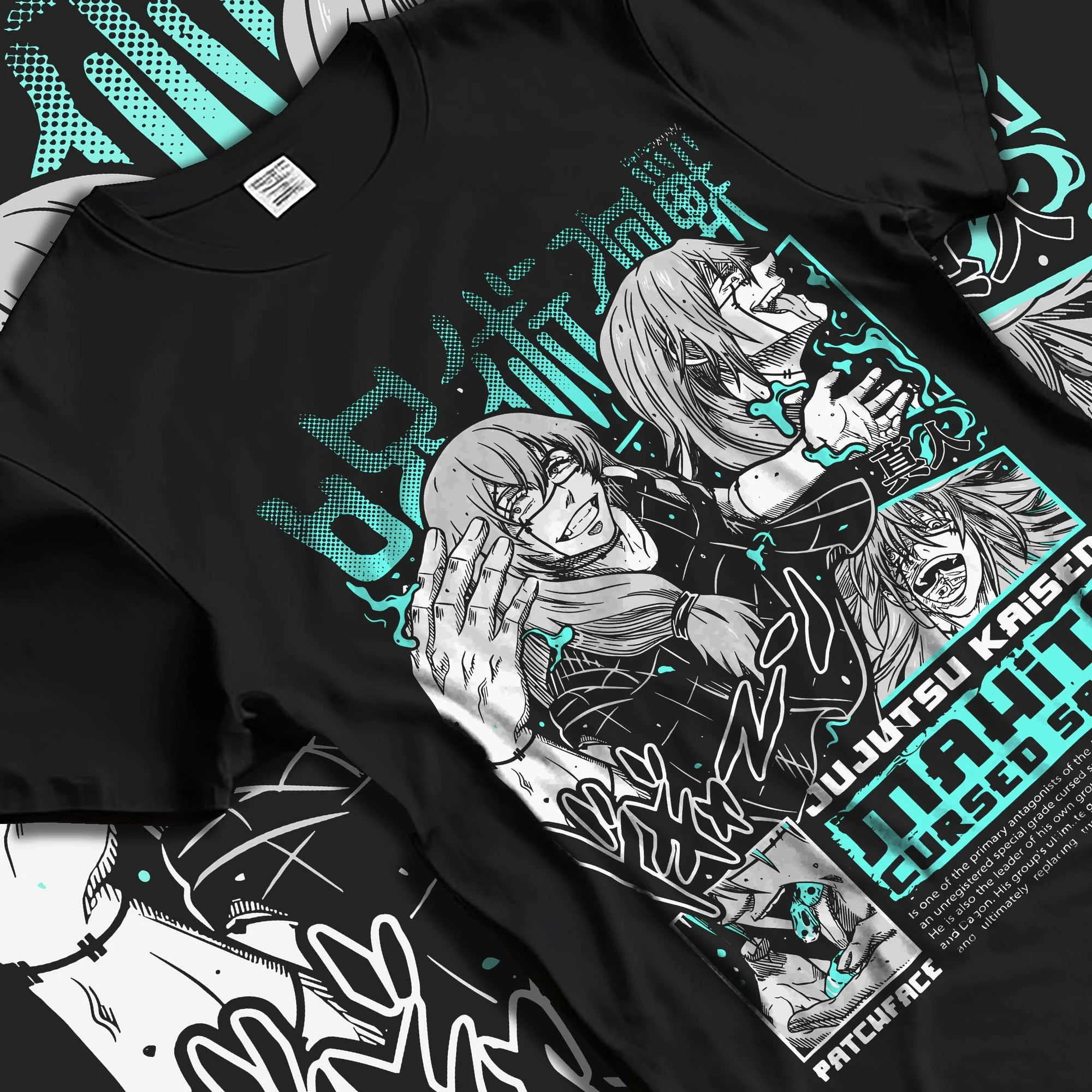 Black T-shirt laid flat with natural folds with Mahito Cursed Spirit Hoodie Jujutsu Kaisen graphic streetwear graphic.