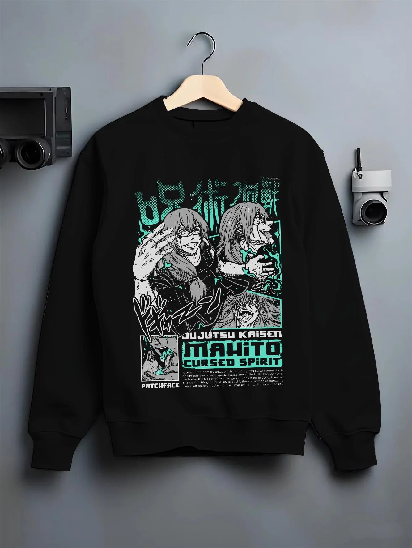 Black crewneck sweatshirt on hanger with Mahito Cursed Spirit Hoodie Jujutsu Kaisen graphic premium wear.
