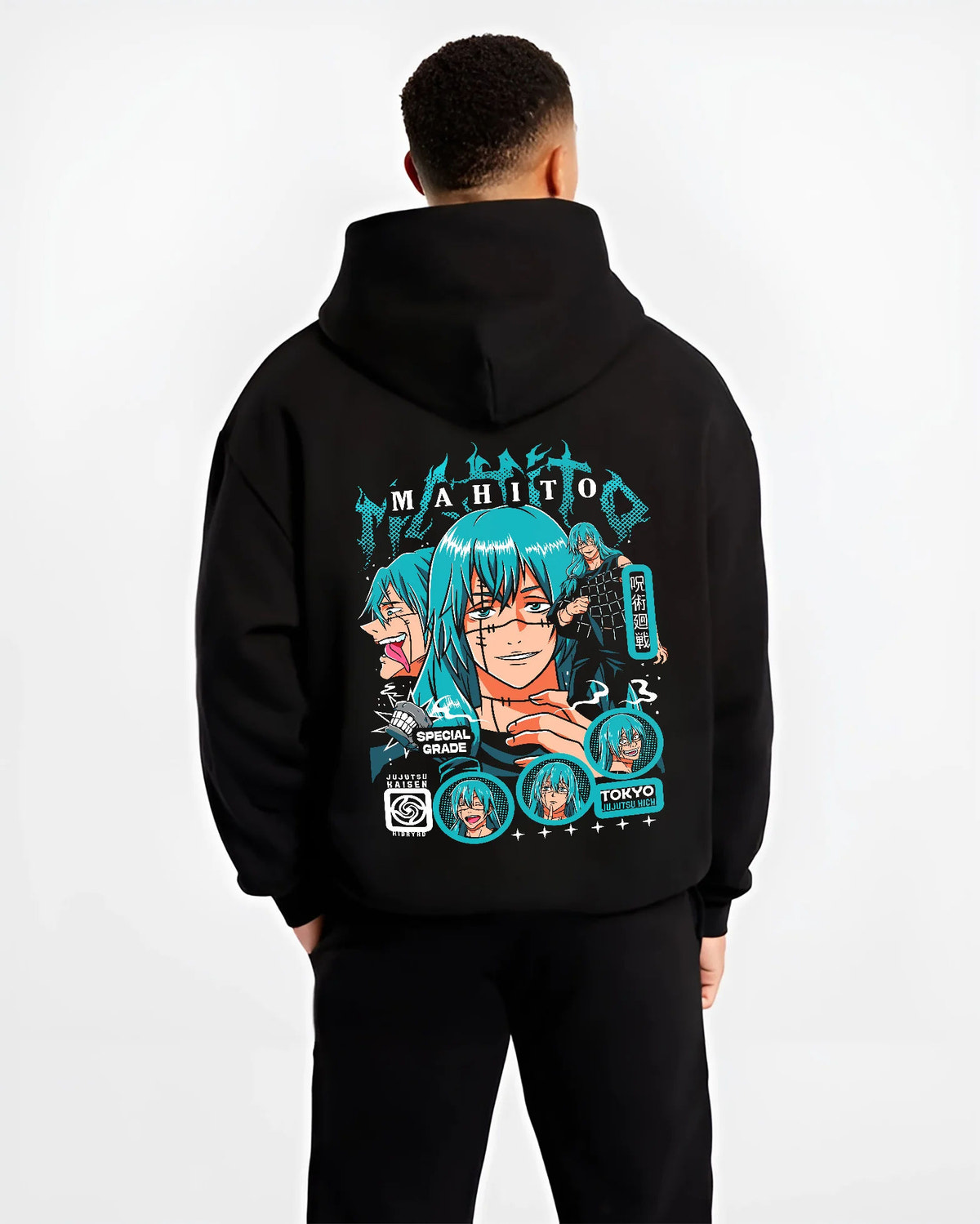 Black hoodie model back view showing Mahito from Jujutsu Kaisen: turquoise-haired Jujutsu Kaisen collage