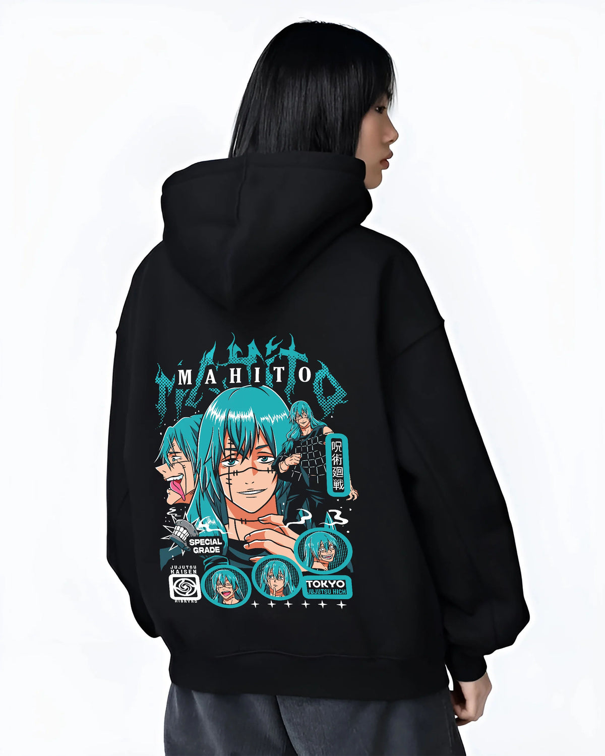 Black hoodie female model back view showing Mahito from Jujutsu Kaisen: turquoise-haired Jujutsu Kaisen collage