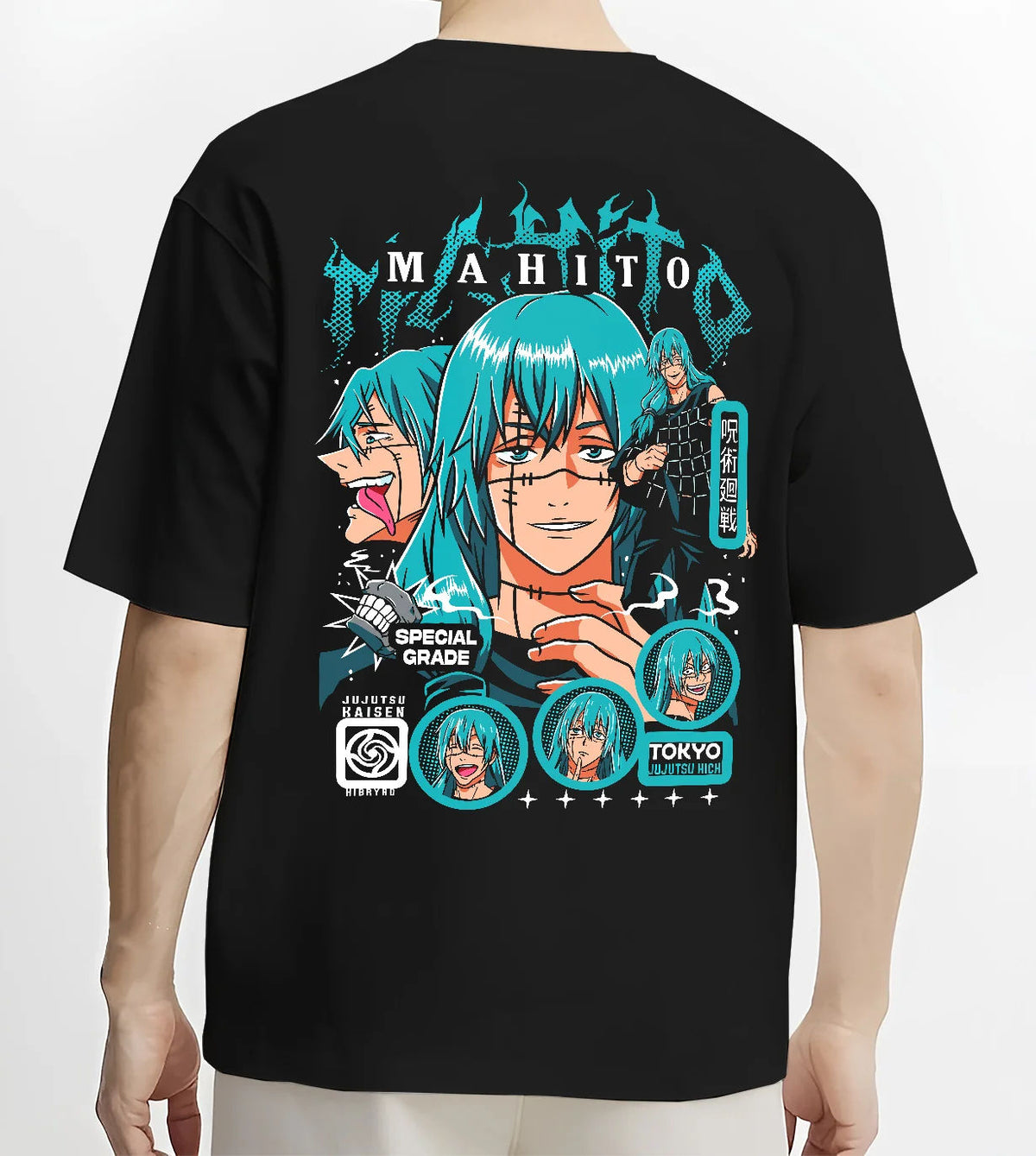 Black T-shirt model back view showing Mahito from Jujutsu Kaisen: turquoise-haired Jujutsu Kaisen collage