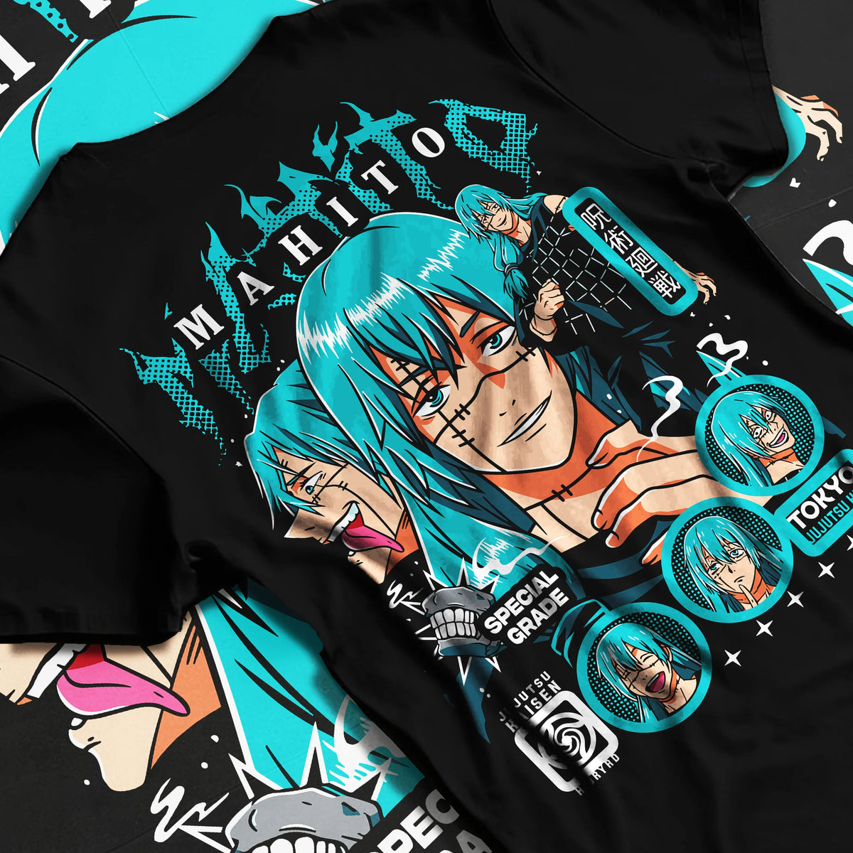 Black T-shirt flat back view showing Mahito from Jujutsu Kaisen: turquoise-haired Jujutsu Kaisen collage