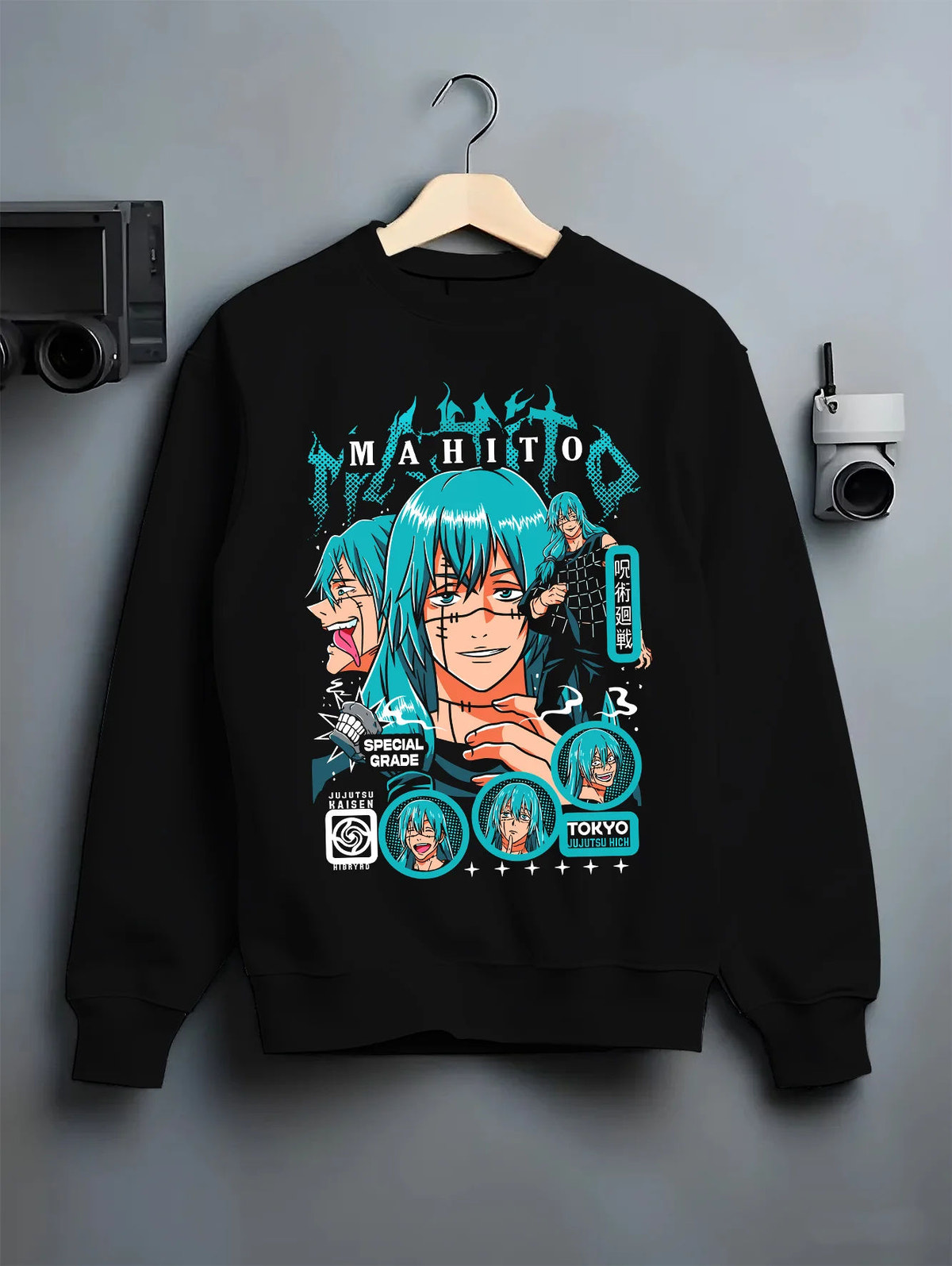 Black crewneck sweatshirt on hanger showing Mahito from Jujutsu Kaisen: turquoise-haired Jujutsu Kaisen collage