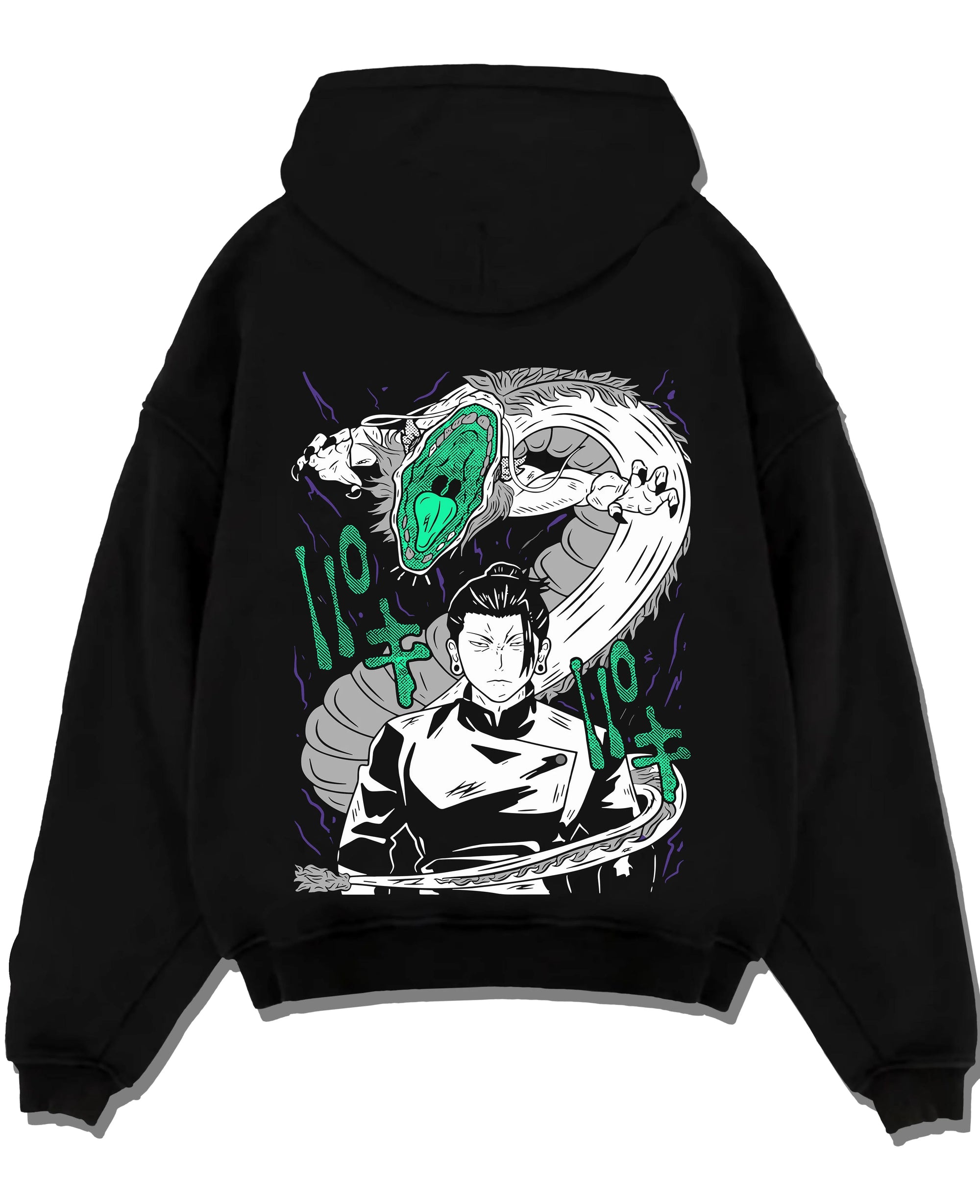 Black pullover hoodie laid flat with Mahito Hoodie Jujutsu Kaisen Cursed Spirit graphic premium wear.