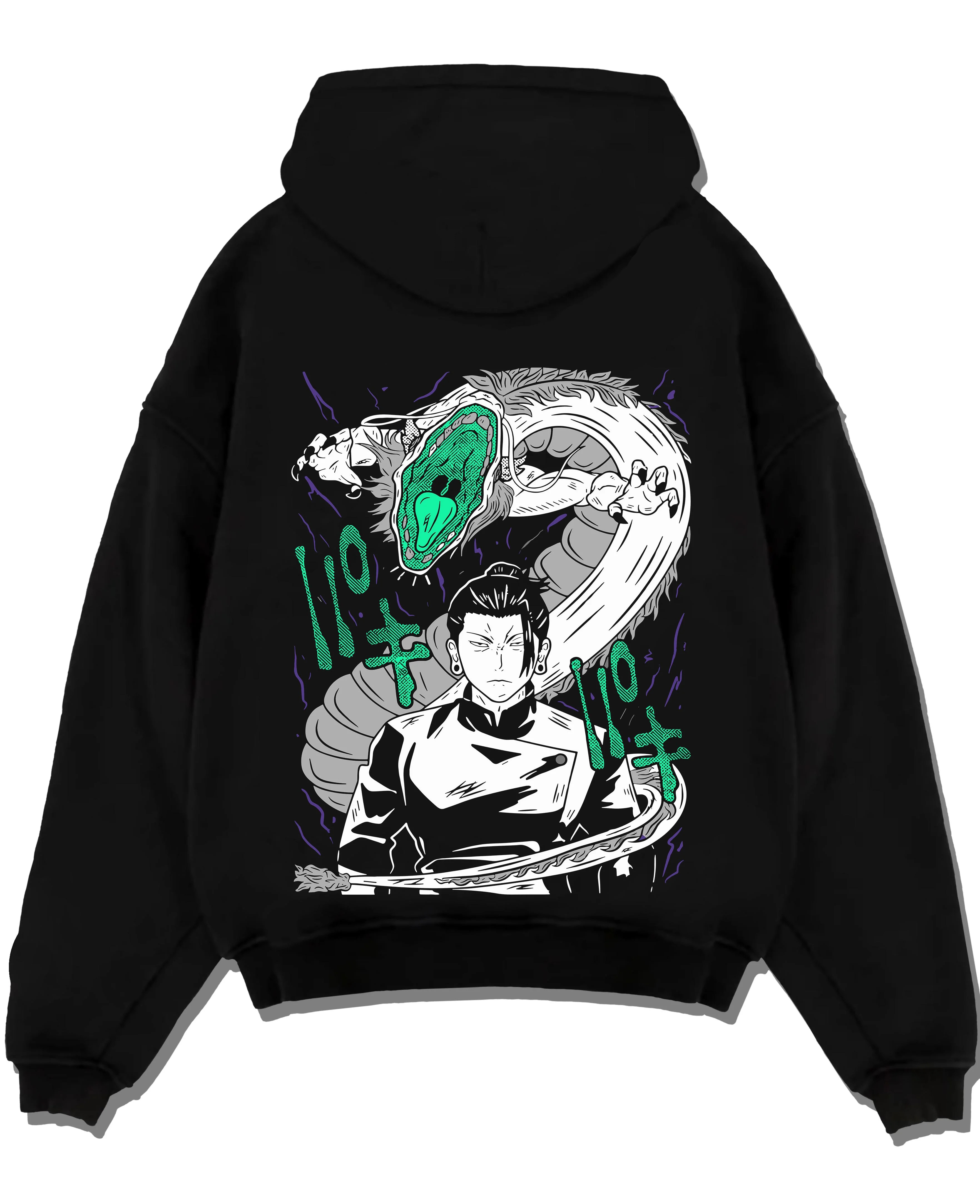Black pullover hoodie laid flat with Mahito Hoodie Jujutsu Kaisen Cursed Spirit graphic premium wear.