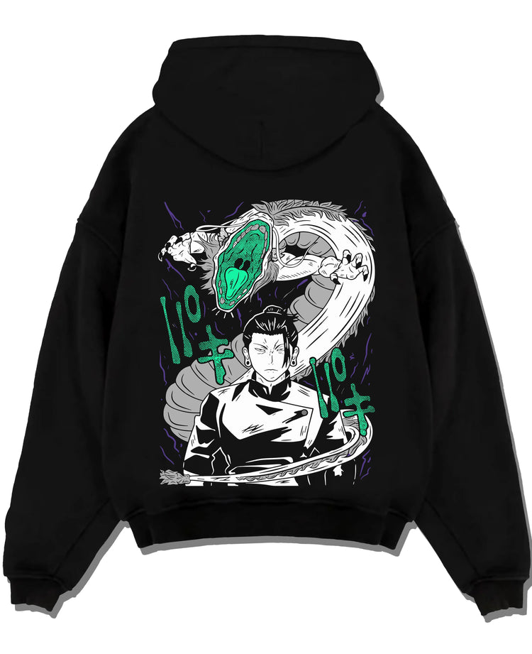 Black pullover hoodie laid flat with Mahito Hoodie Jujutsu Kaisen Cursed Spirit graphic premium wear.