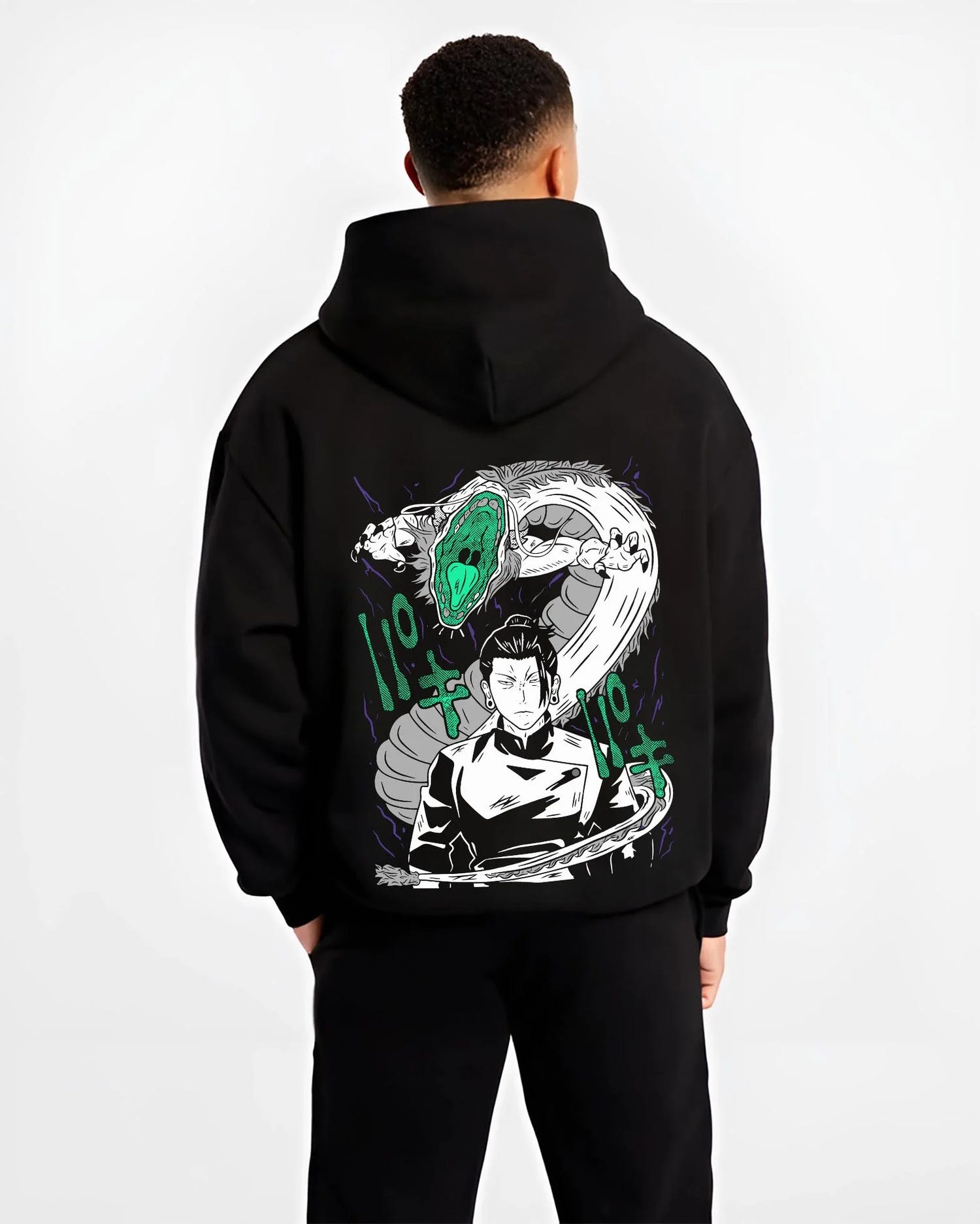Black hoodie worn by male model, back view with Mahito Hoodie Jujutsu Kaisen Cursed Spirit graphic bold anime graphic.