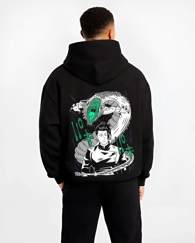 Black hoodie worn by male model, back view with Mahito Hoodie Jujutsu Kaisen Cursed Spirit graphic bold anime graphic.