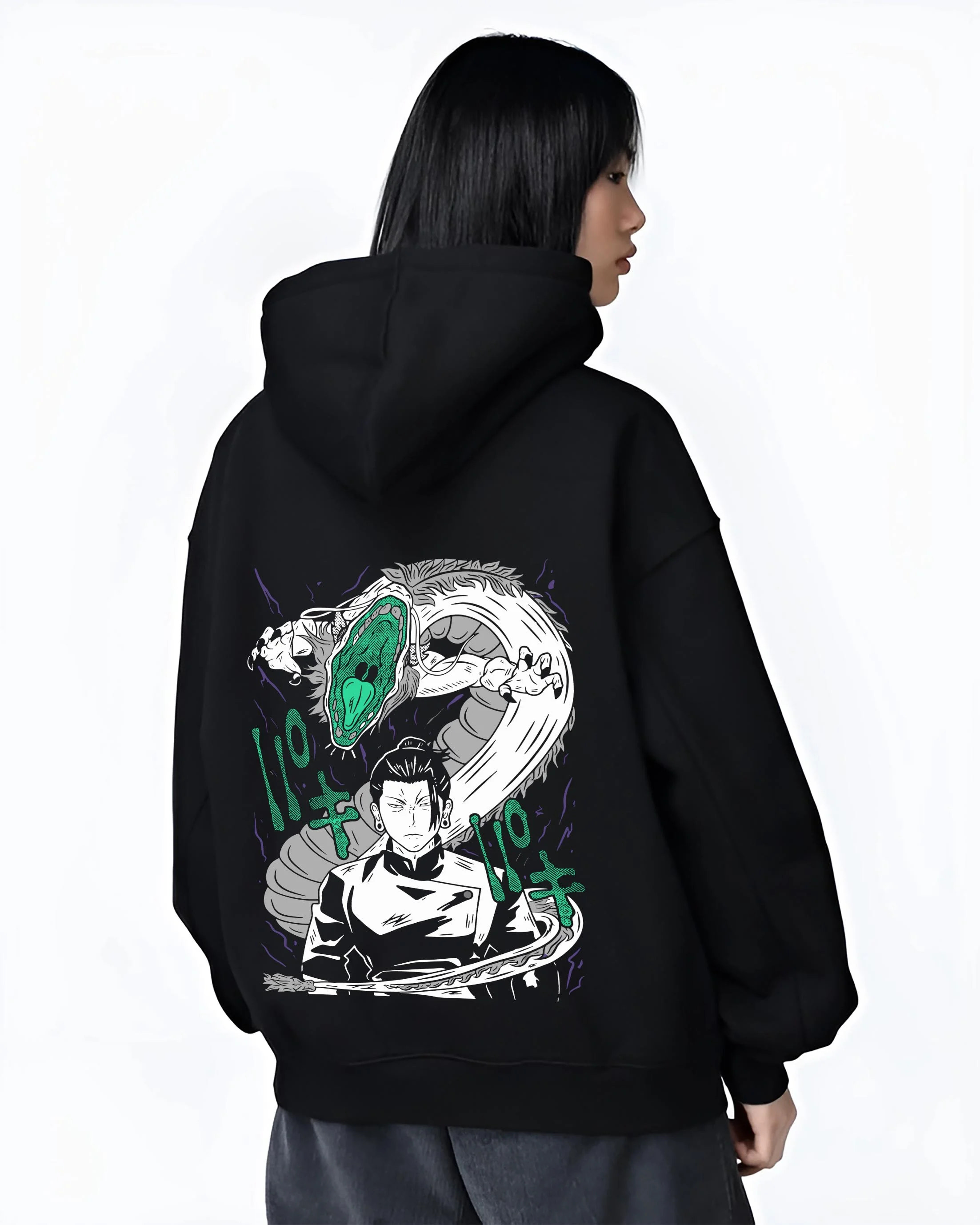 Black hoodie worn by female model, back view with Mahito Hoodie Jujutsu Kaisen Cursed Spirit graphic streetwear graphic.