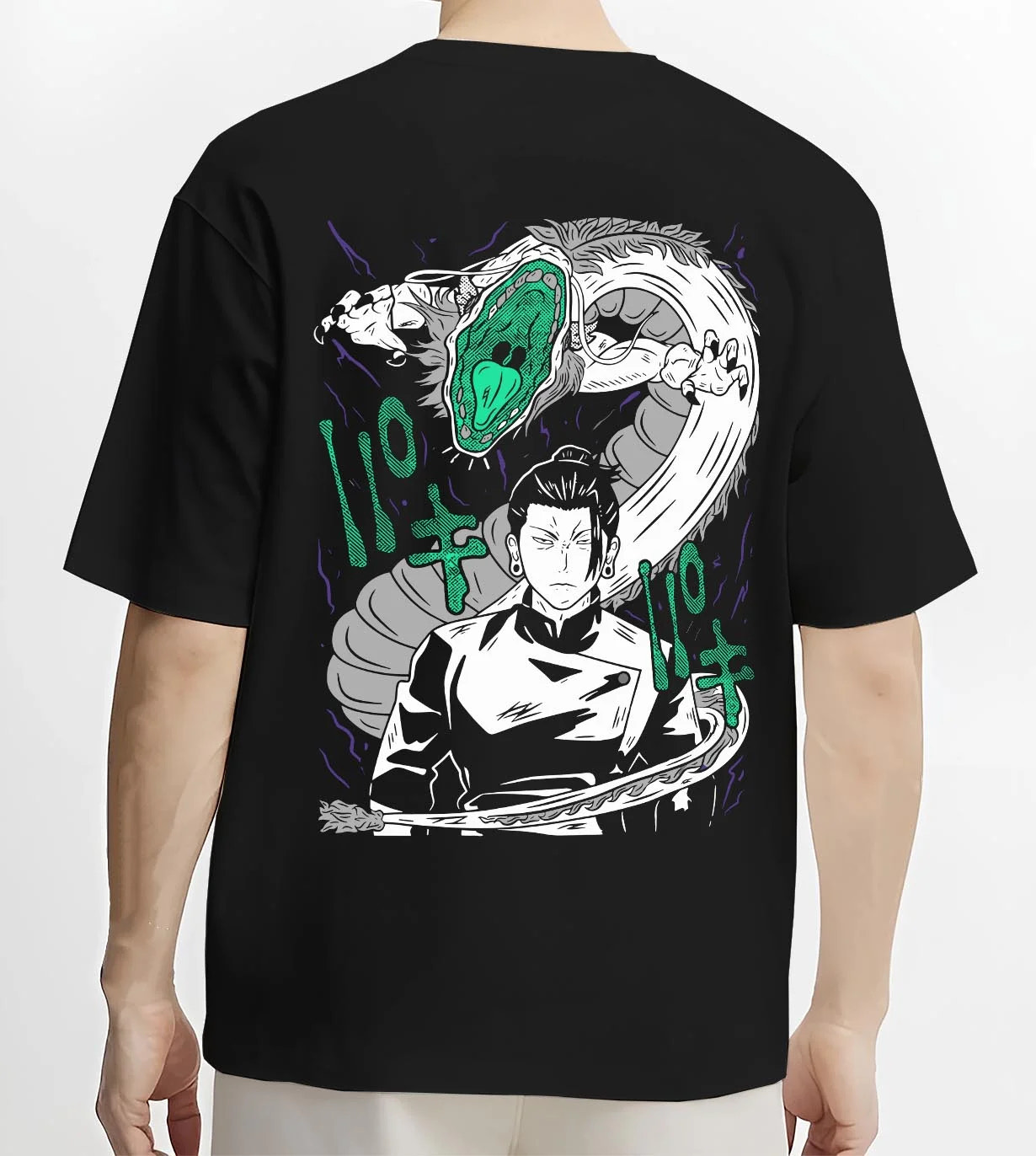 Black T-shirt worn by male model, back view with Mahito Hoodie Jujutsu Kaisen Cursed Spirit graphic premium wear.