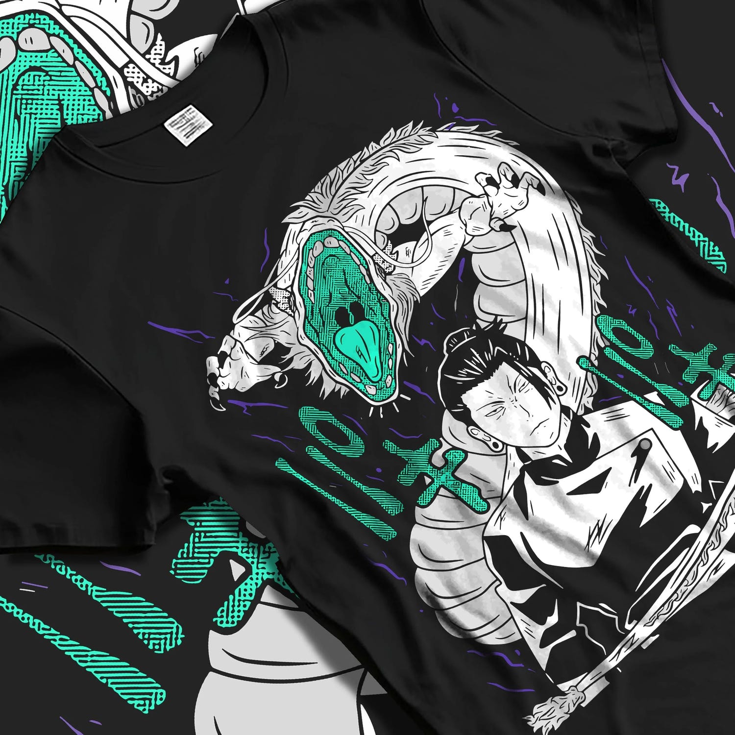 Black T-shirt laid flat with natural folds with Mahito Hoodie Jujutsu Kaisen Cursed Spirit graphic premium wear.