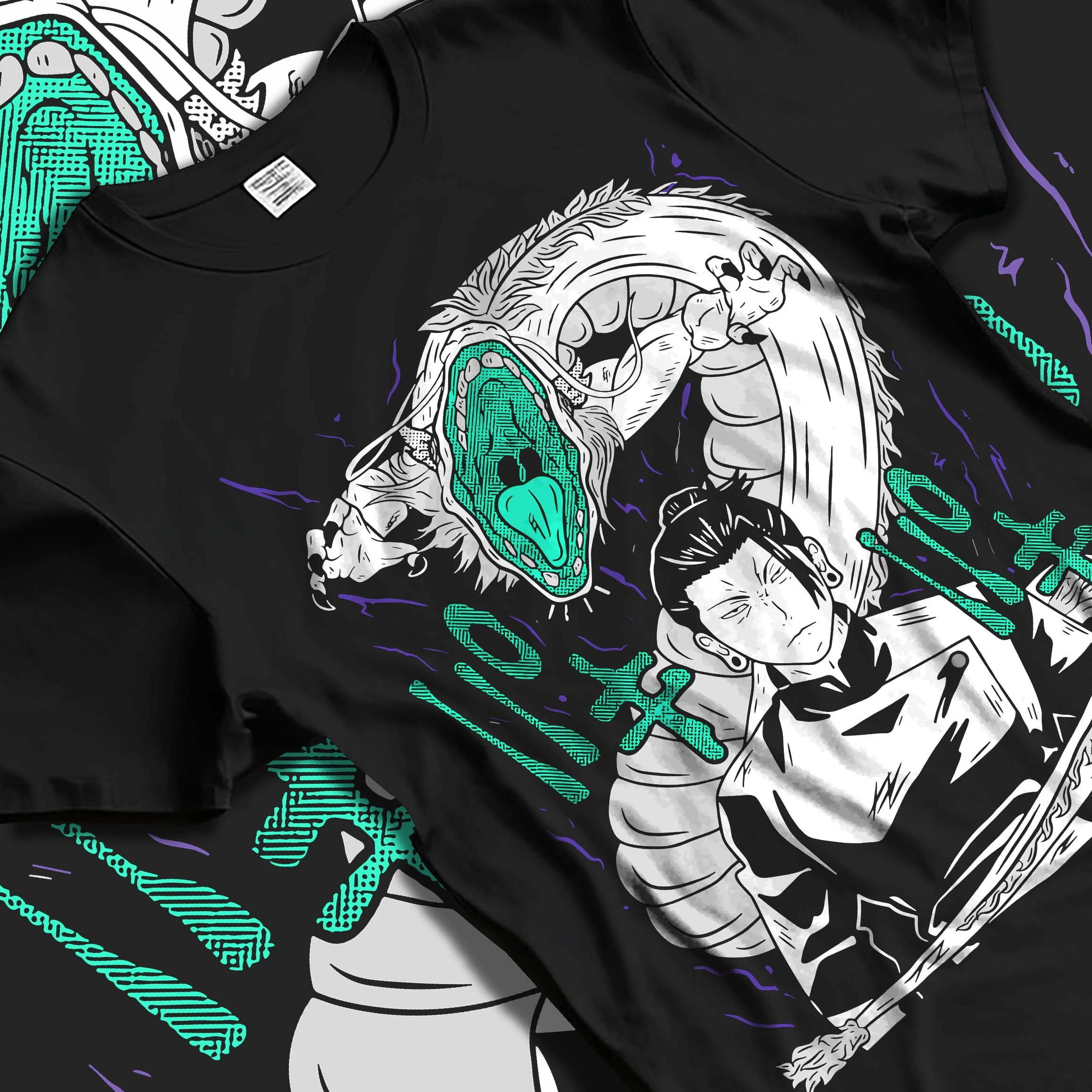 Black T-shirt laid flat with natural folds with Mahito Hoodie Jujutsu Kaisen Cursed Spirit graphic premium wear.